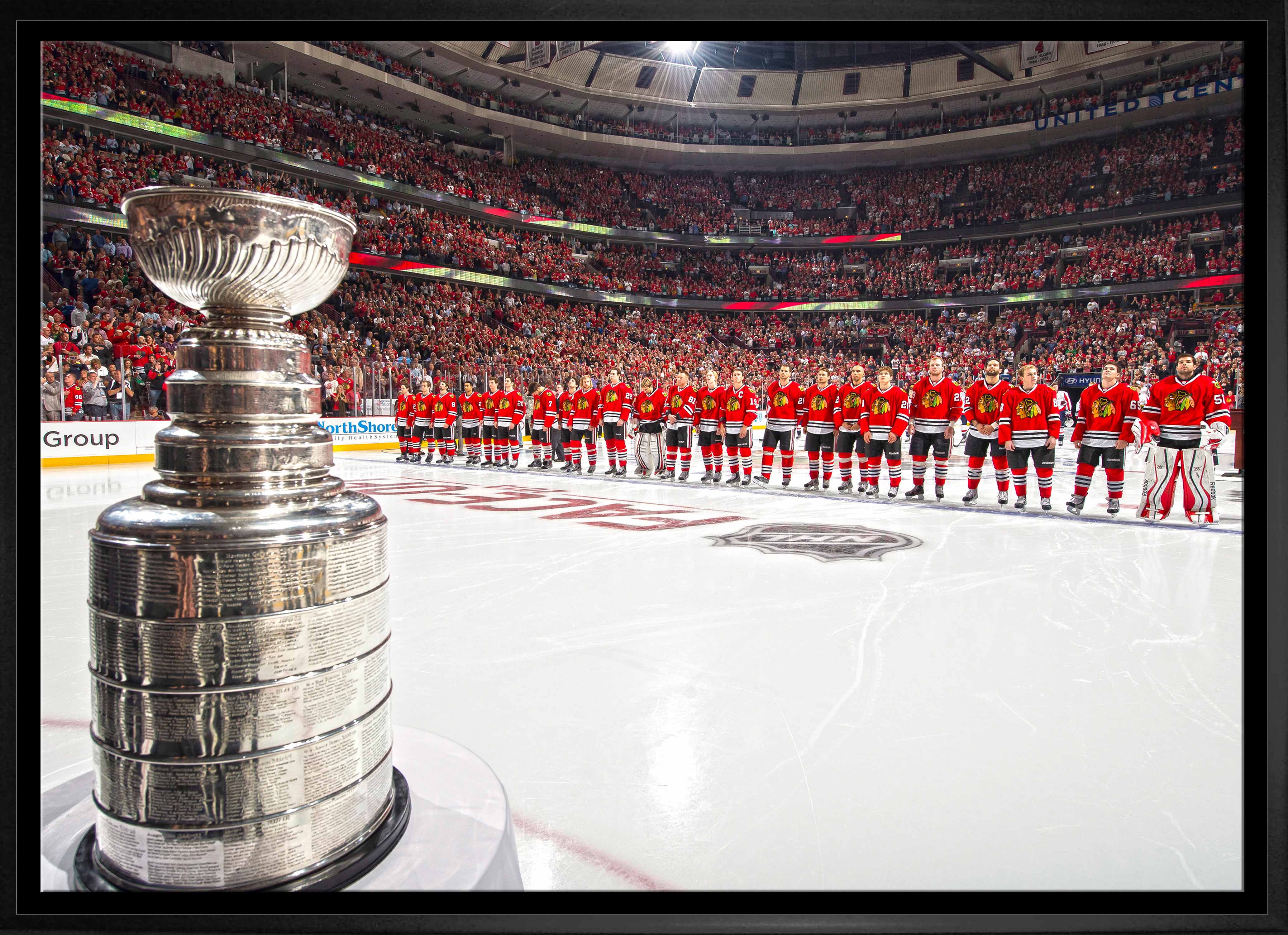 Chicago Blackhawks Framed 20" x 29" Stanley Cup In Foreground Canvas 31" x 22"