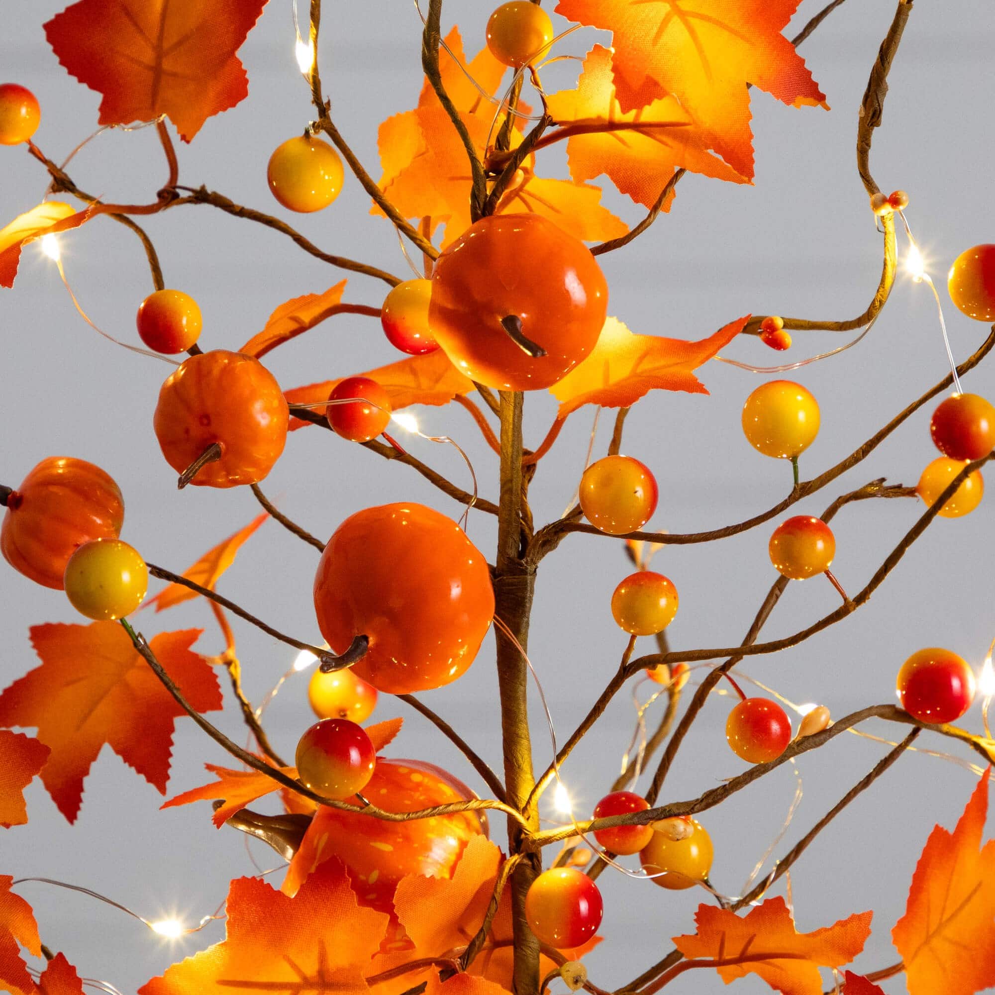 18in. Pre-Lit Artificial Maple Tree with Pumpkin Ornaments and 30 LED String Lights in Burlap Wrapped Base