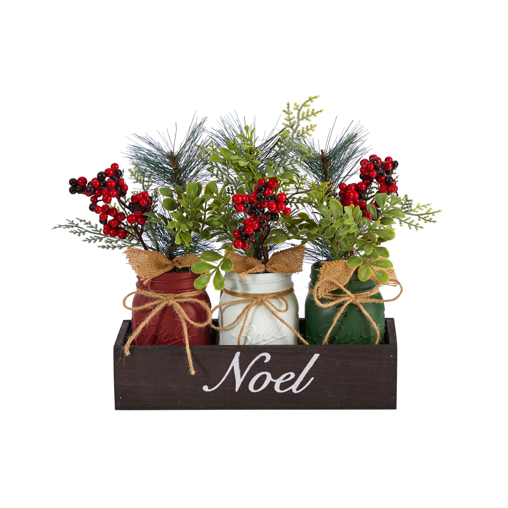 12" Holiday Winter Pine & Berries Mason Jar Arrangement Set
