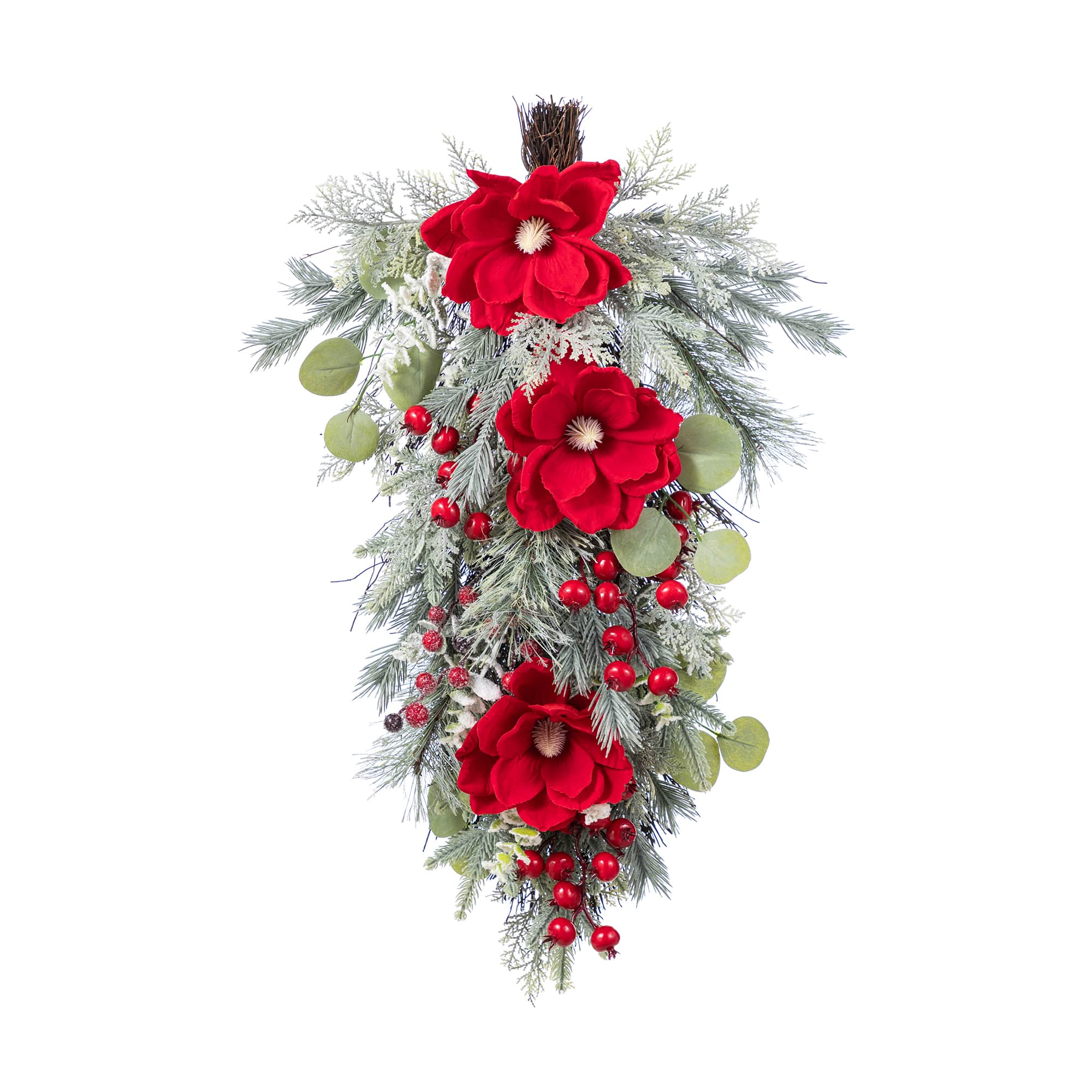 Glitzhome® 28"H Christmas Red Mangnolia & Berry Teardrop