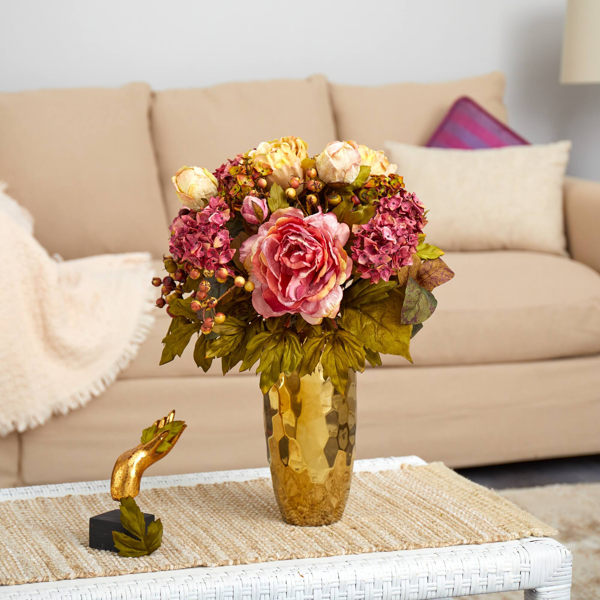 19" Peony Arrangement in Gold Vase