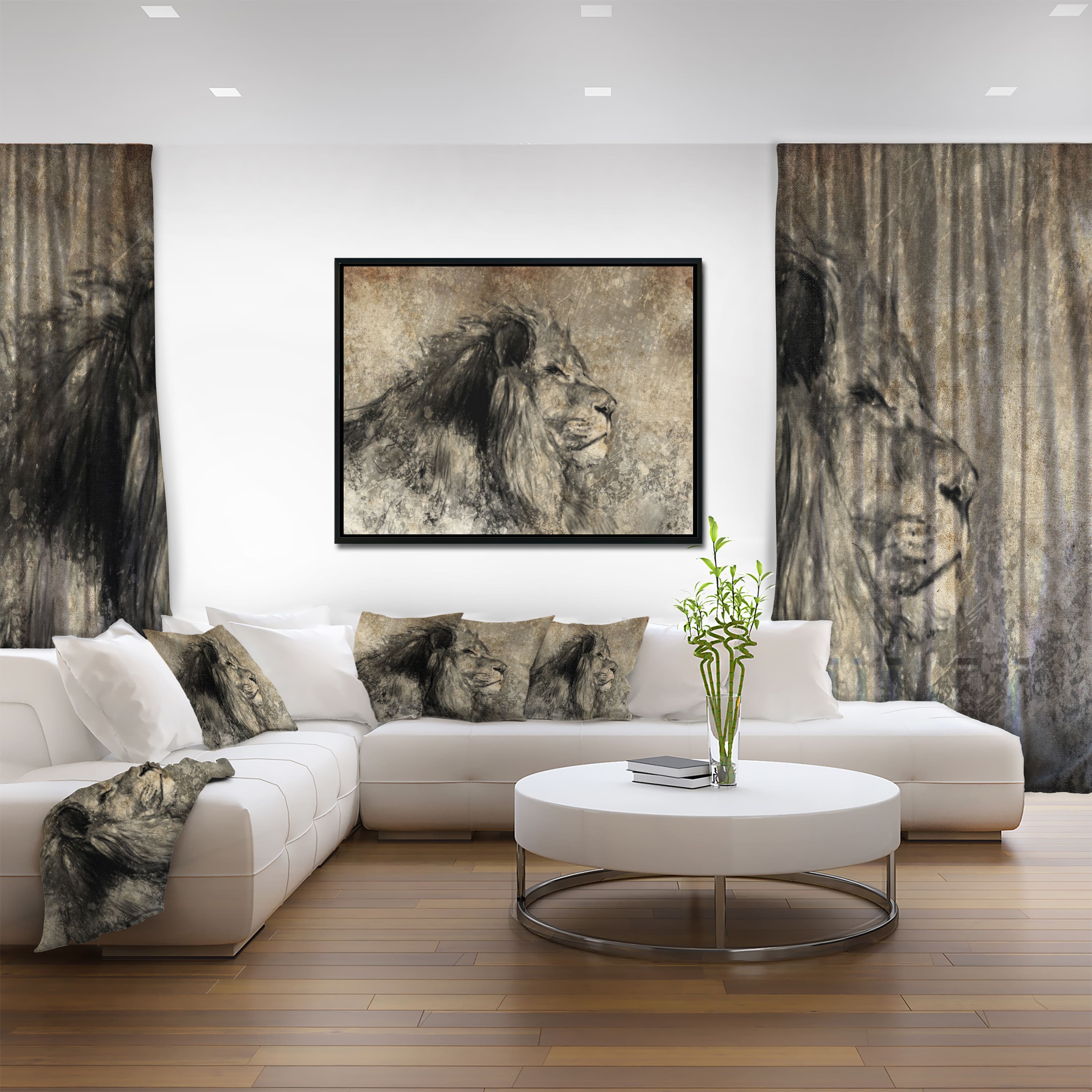 Designart - Lion in Sepia - Animal Framed Canvas Art Print