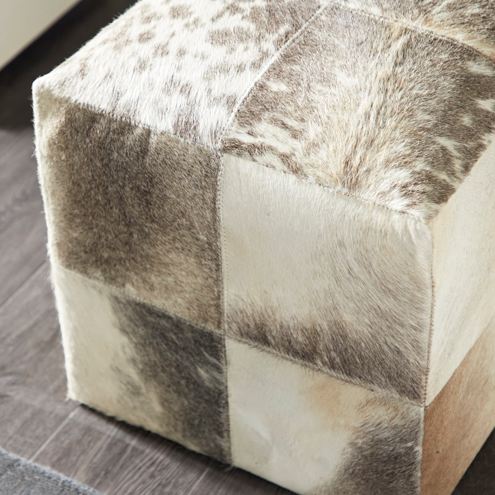 16" Gray Leather & Wood Glam Ottoman