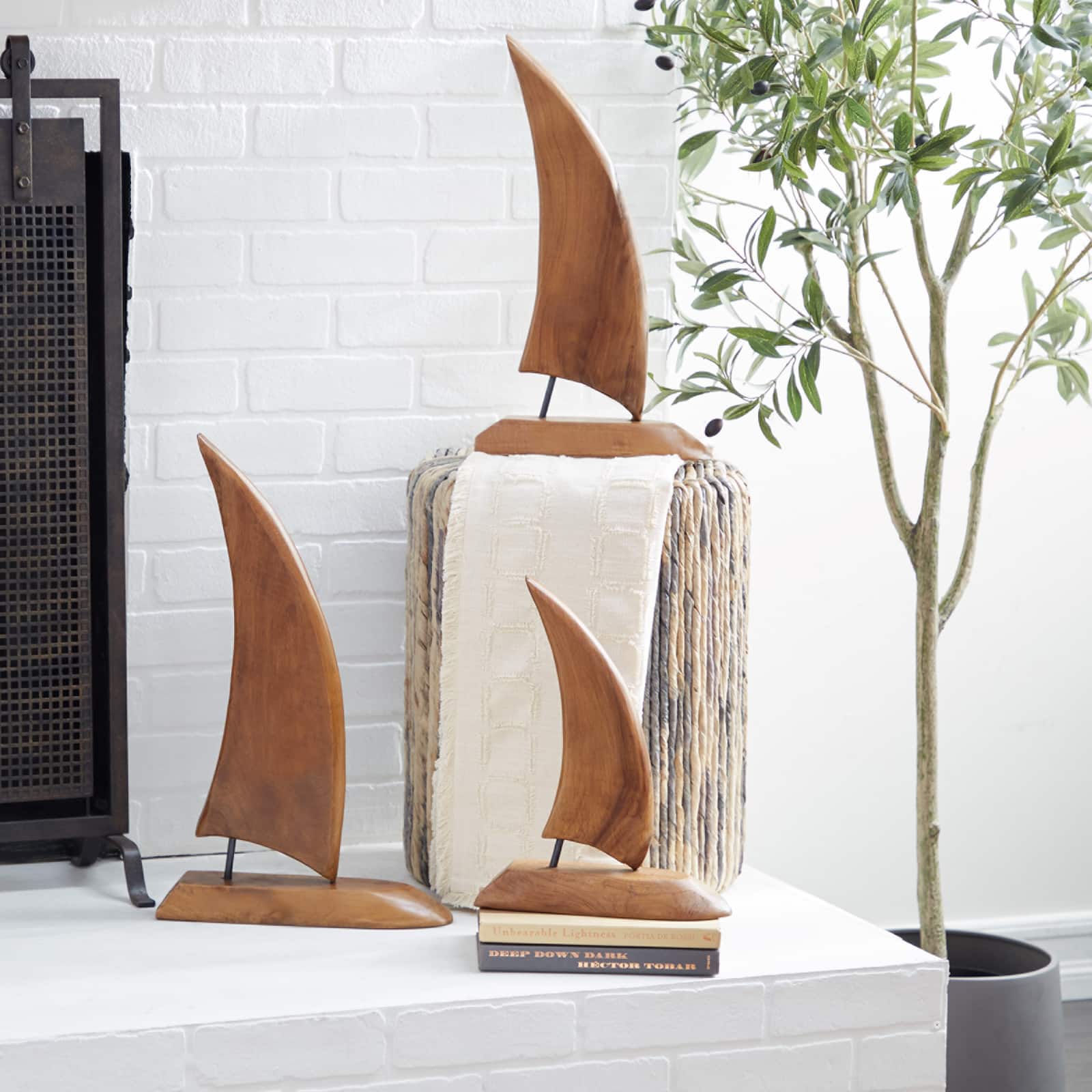 Set of 3 Brown Teak Wood Sail Boat Sculpture 20", 17", 13"