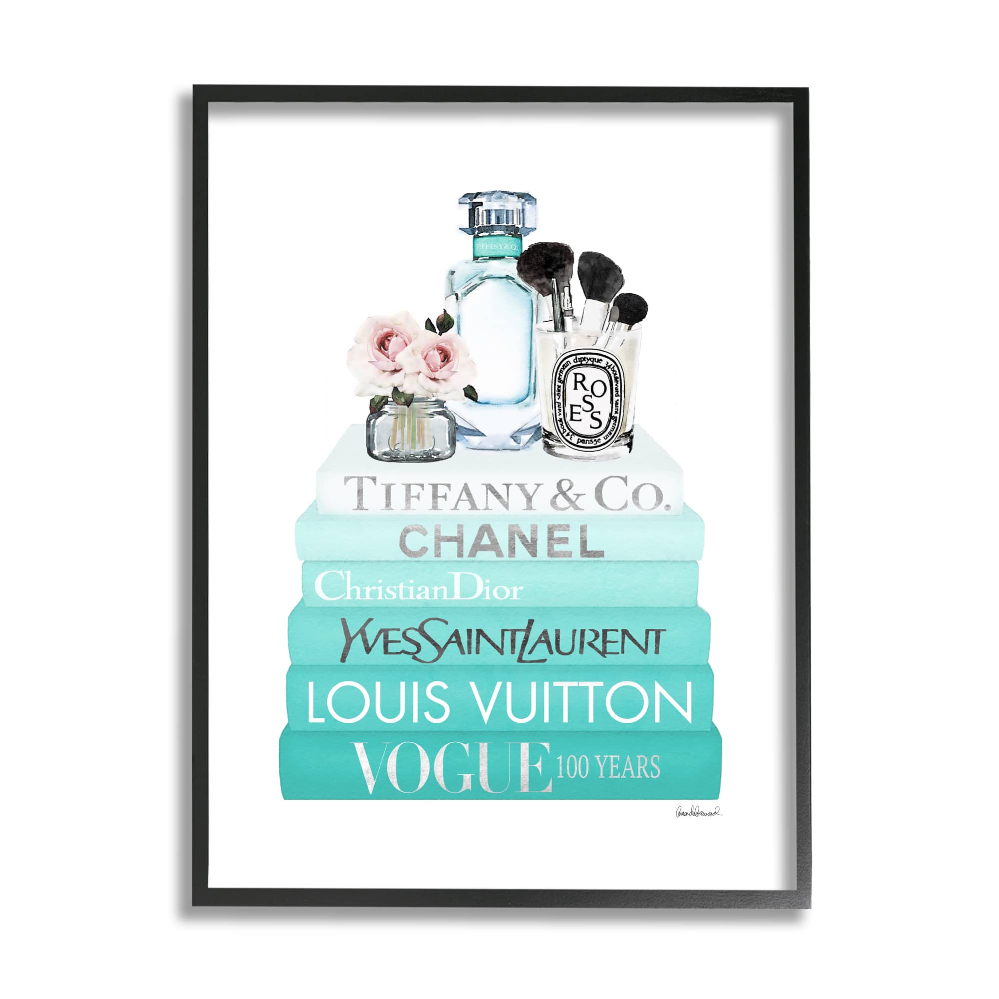 Stupell Industries Glam Fashion Cosmetics Soft Roses Blue Bookstack Framed Wall Art