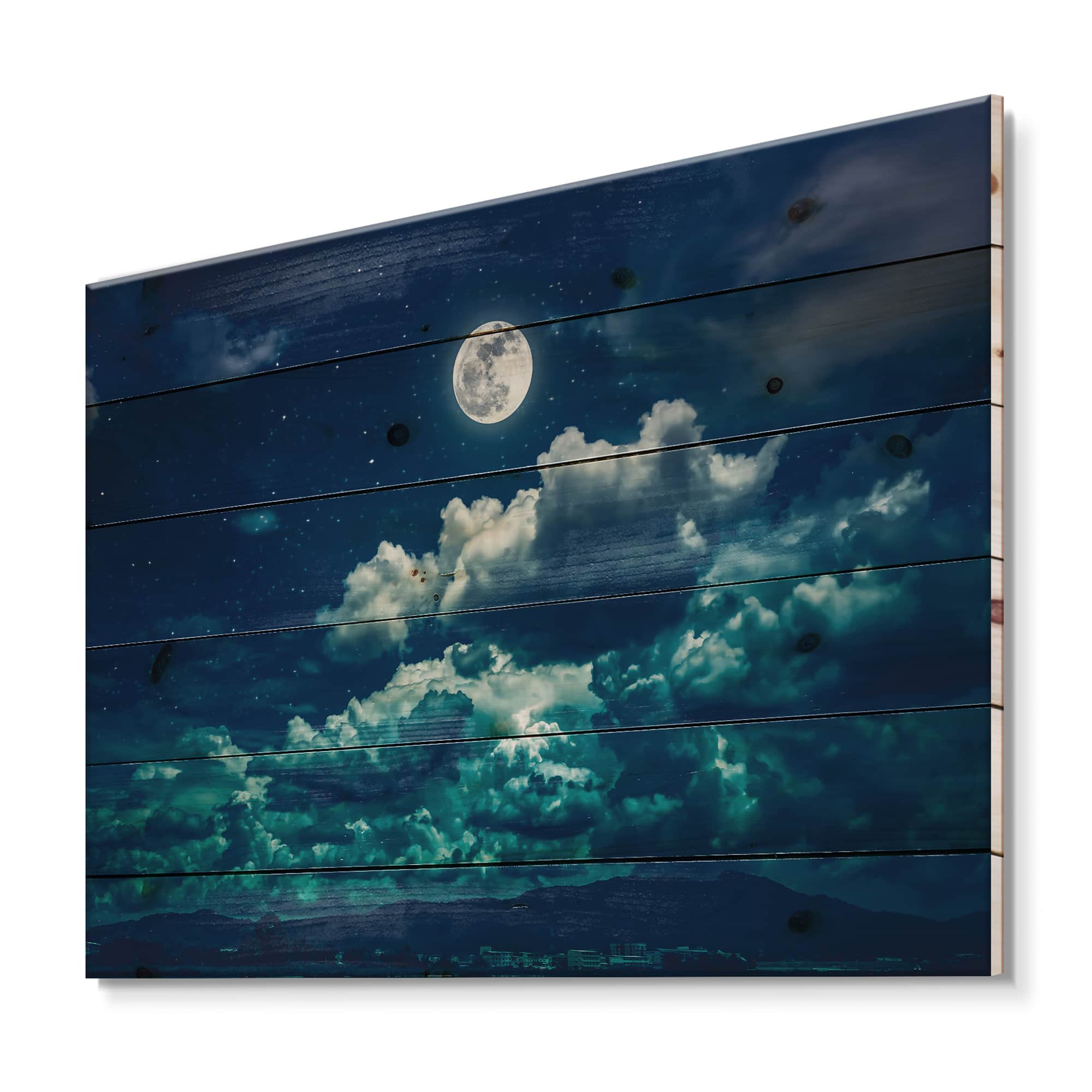 Designart - Full Moon In Cloudy Night Sky II - Nautical & Coastal Print on Natural Pine Wood