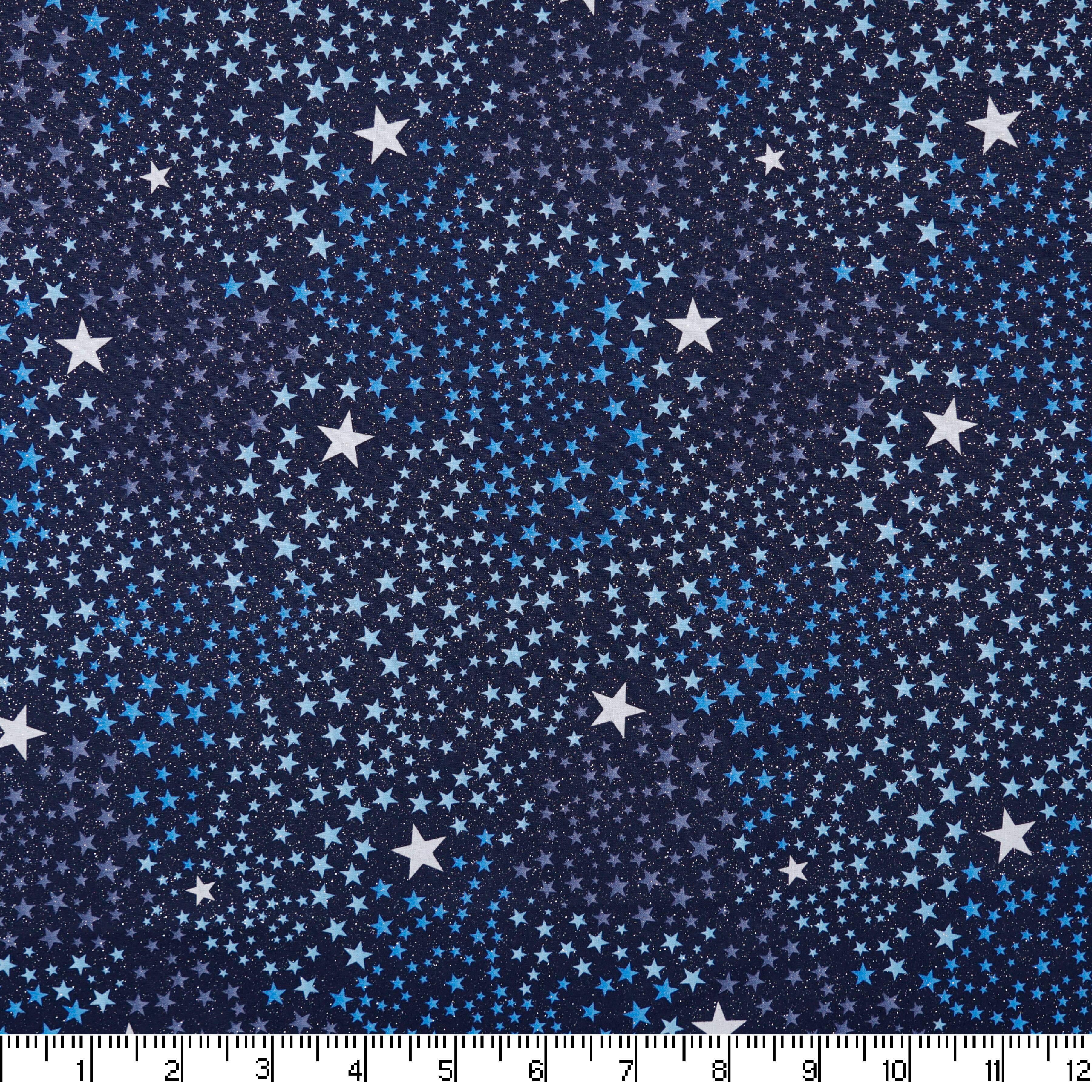 Navy Swirling Stars Glitter Cotton Fabric