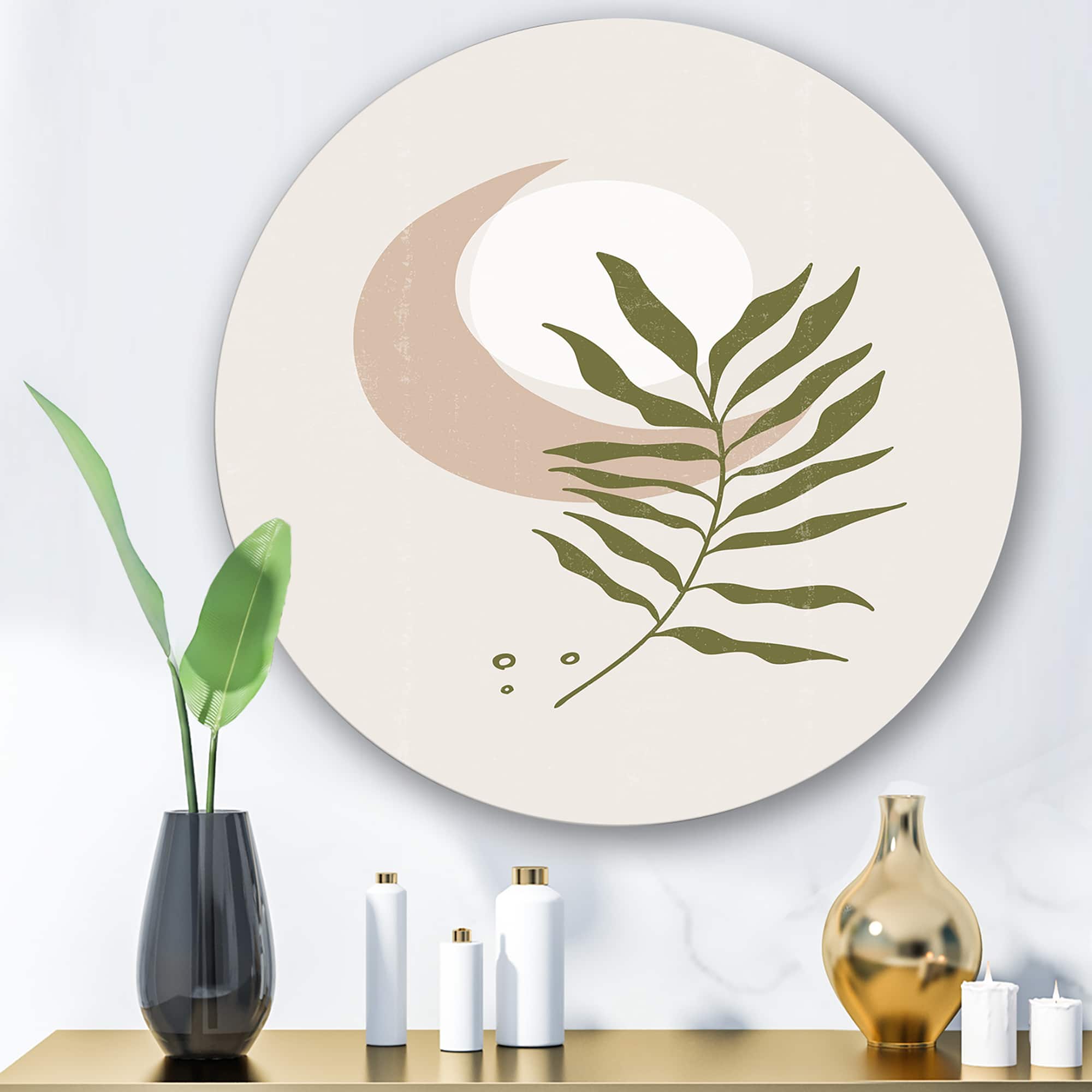 Designart - Abstract Geometrical Moon With Leaf II - Modern Metal Circle Wall Art
