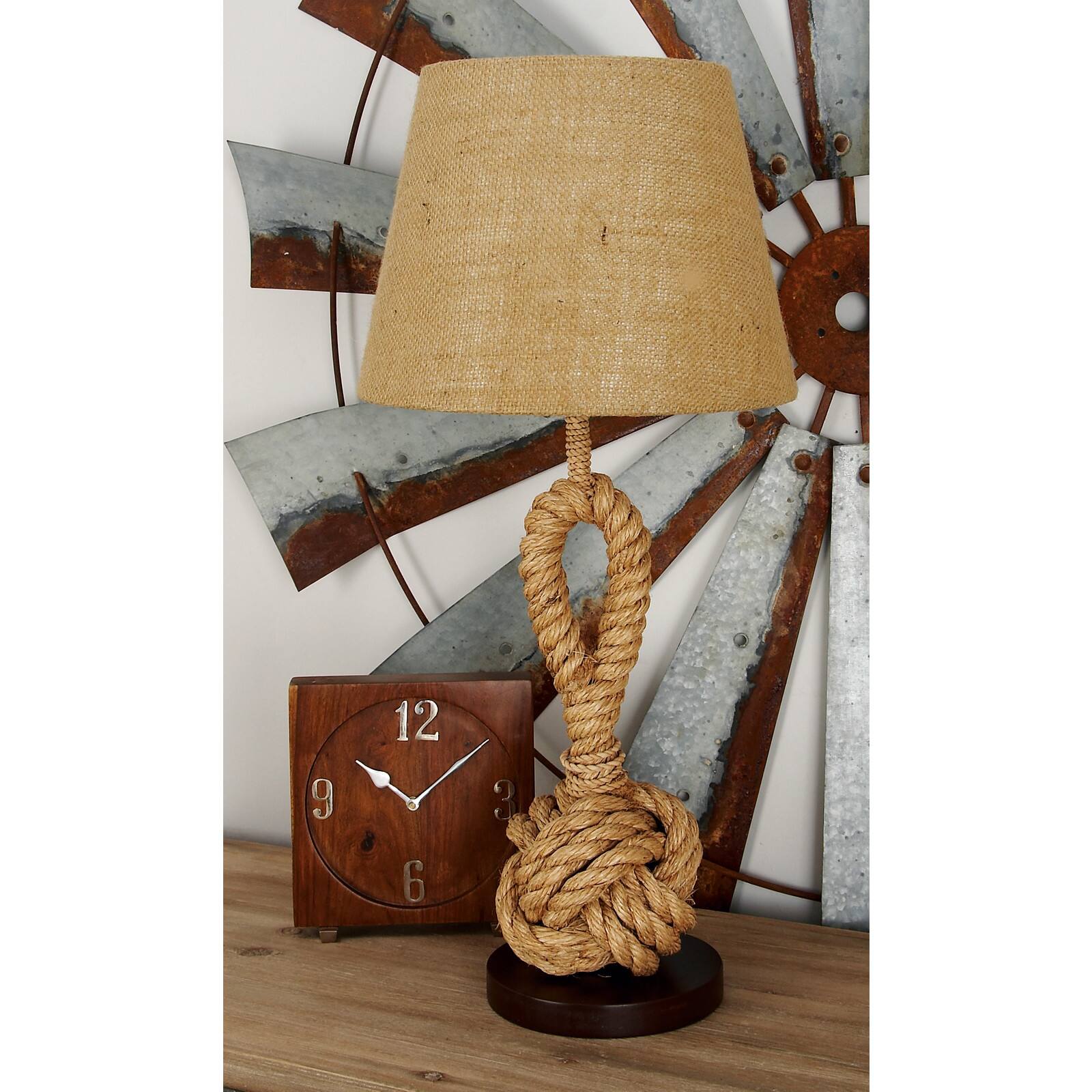 Brown Rope and Iron Rustic Table Lamp, 28" x 13" x 13"