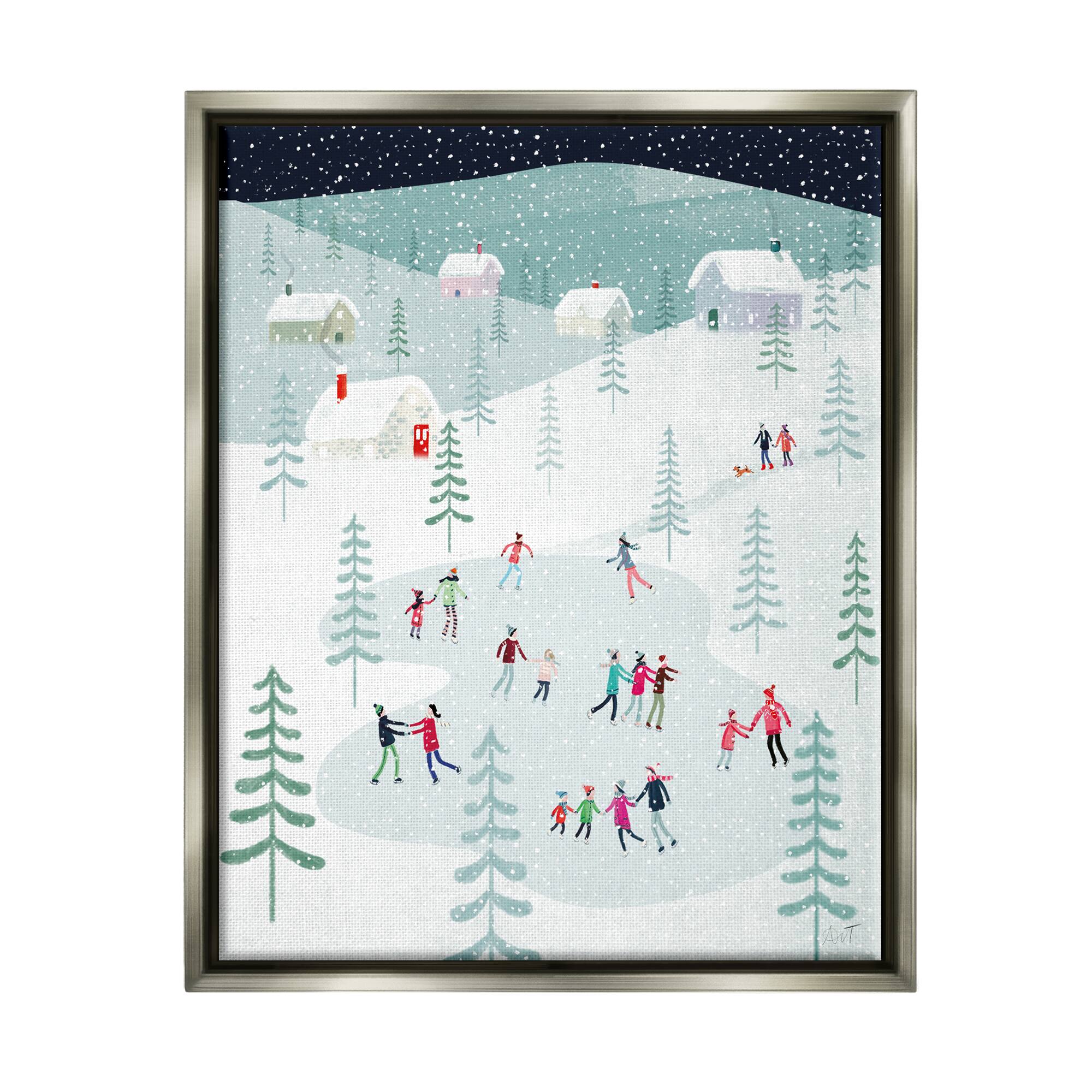 Stupell Industries Ice Skating Families Snowfall Framed Floater Canvas Wall Art