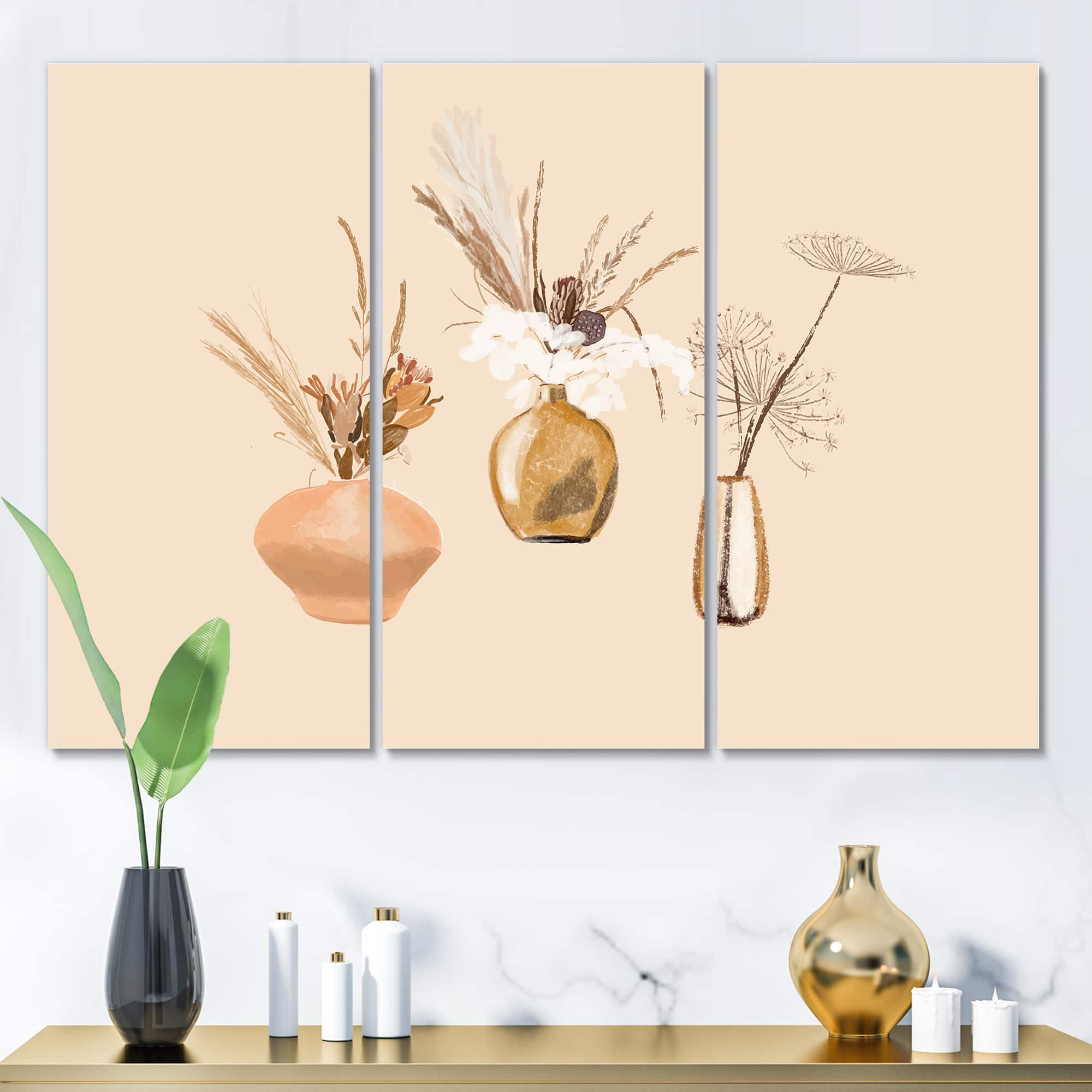Designart - Bouquets Of Wildflowers In Gold Vases I
