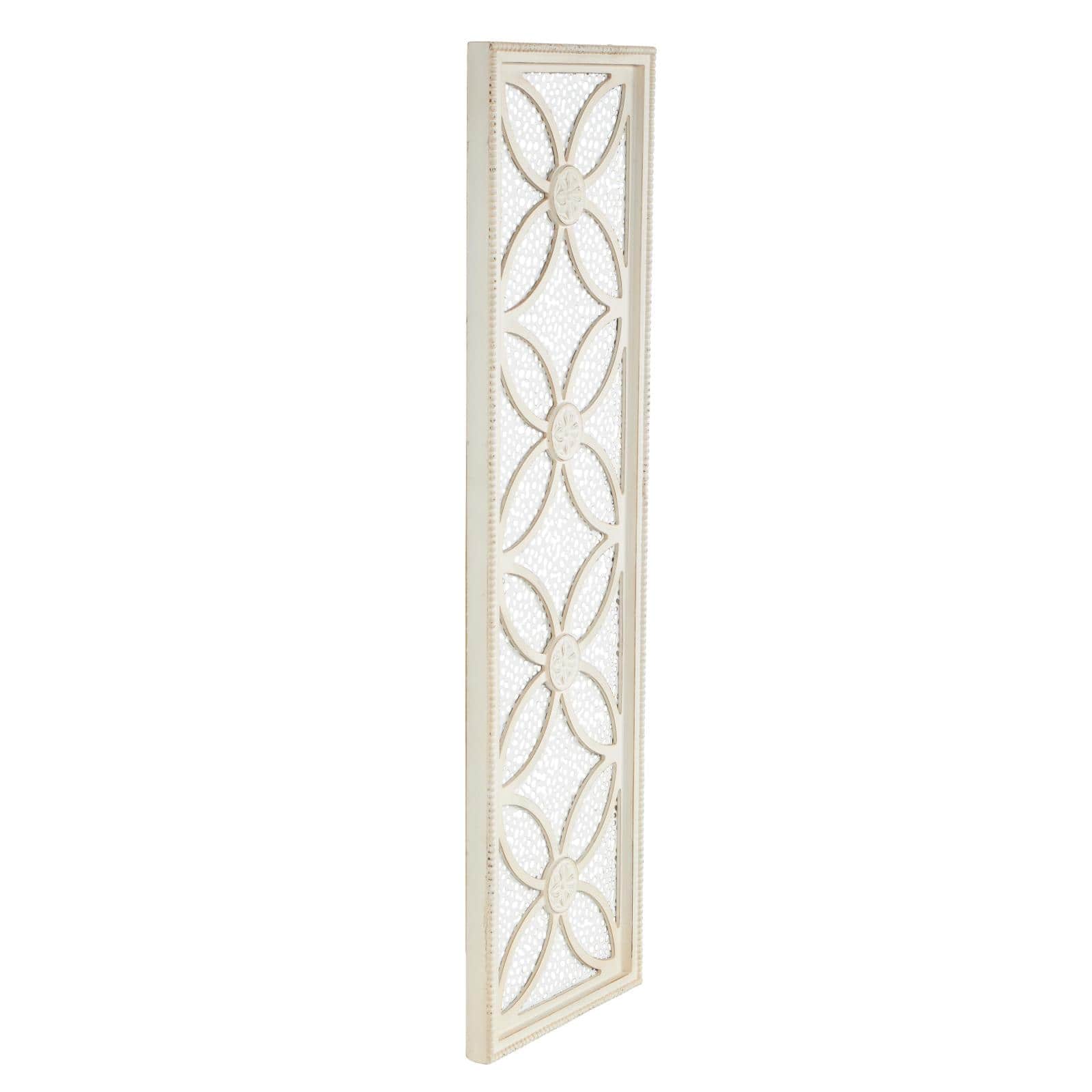 White wooden floral panel wall decor with cutout metal backing and beaded frame.