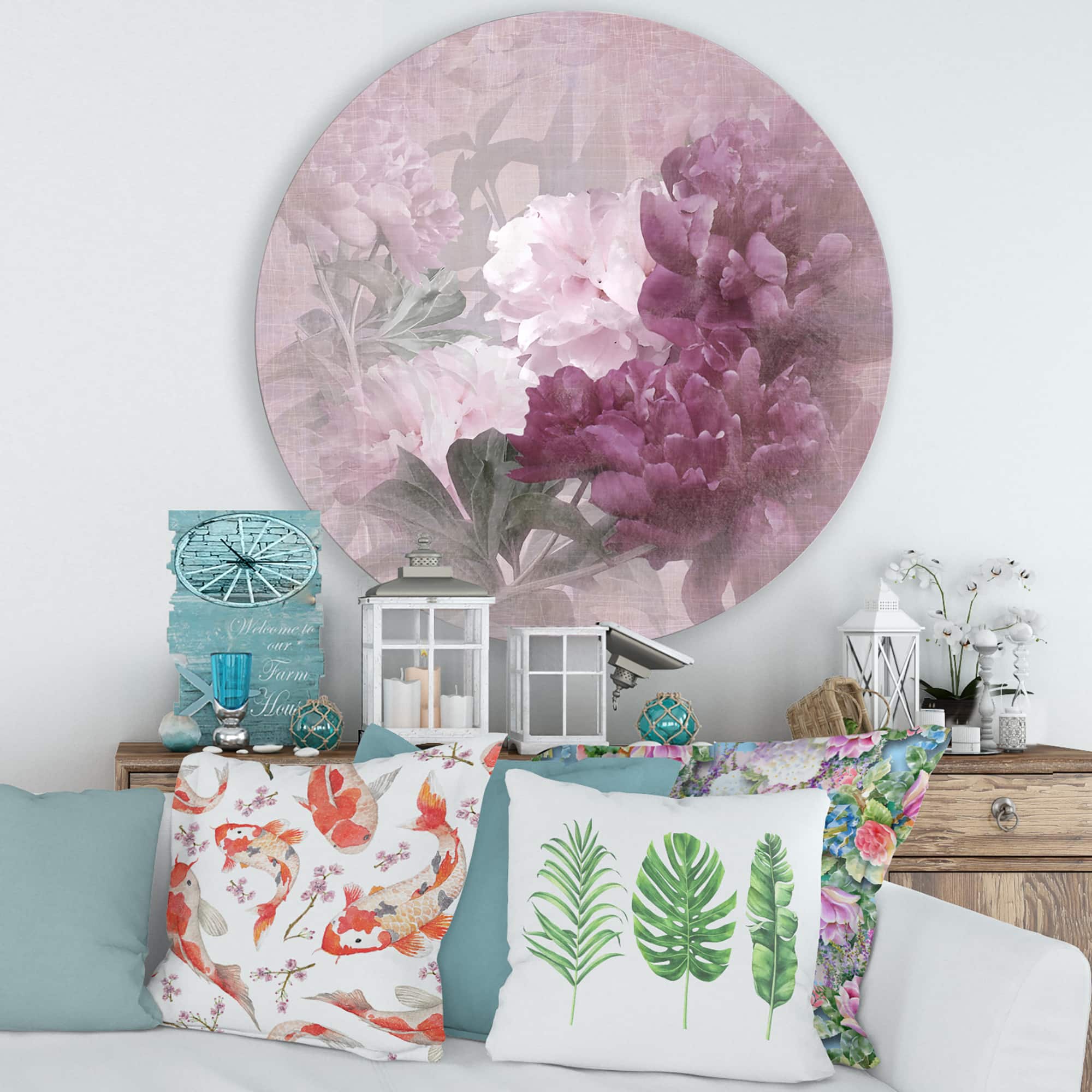 Designart - Vintage Purple and Pink Flowers II - Traditional Metal Circle Wall Art
