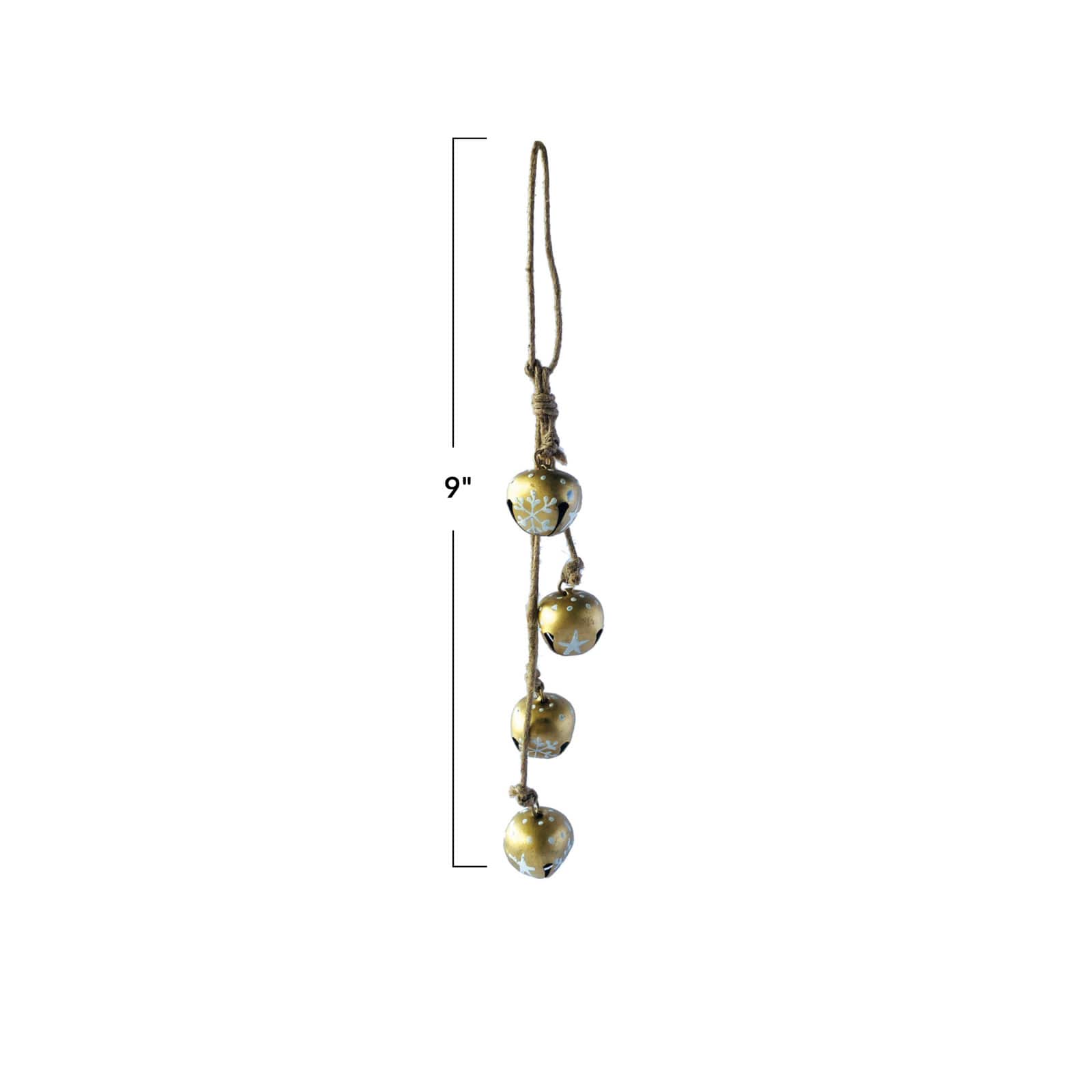 Hello Honey® 9" Hanging Metal Jingle Bells with Hand-Painted Stars & Snowflakes on Jute Rope Hanger