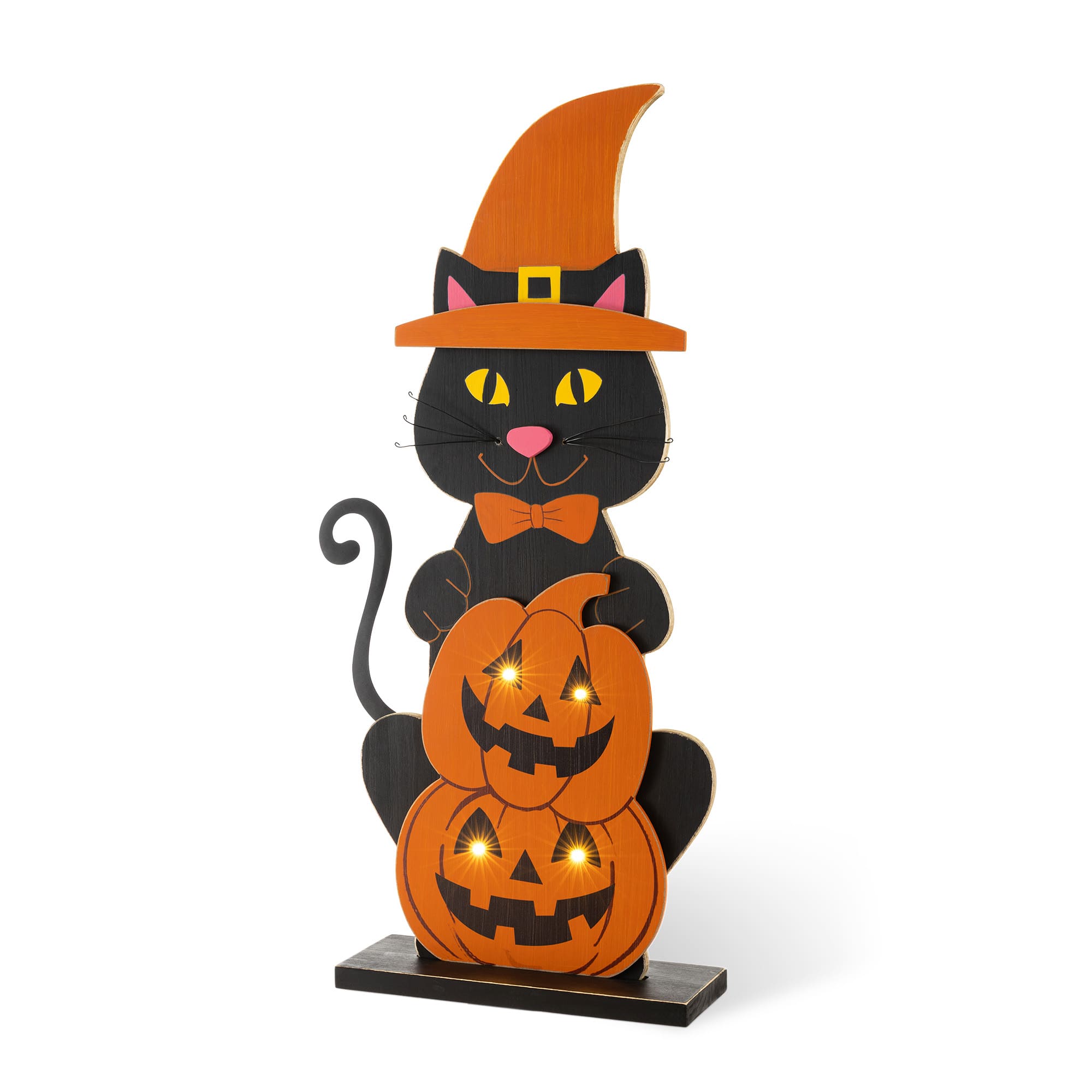 Glitzhome® 30" Halloween Wooden Lighted Witch Cat Porch Decor with Timer