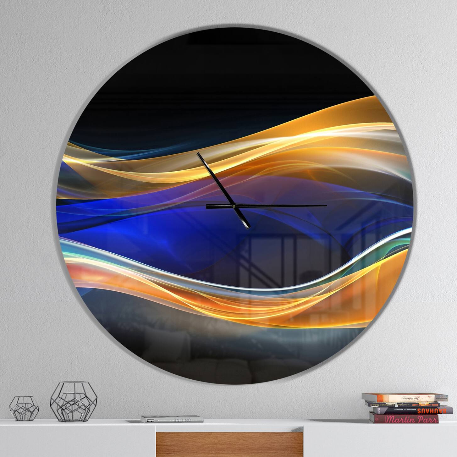 Designart 3D Gold & Blue Wave Design Modern Wall Clock