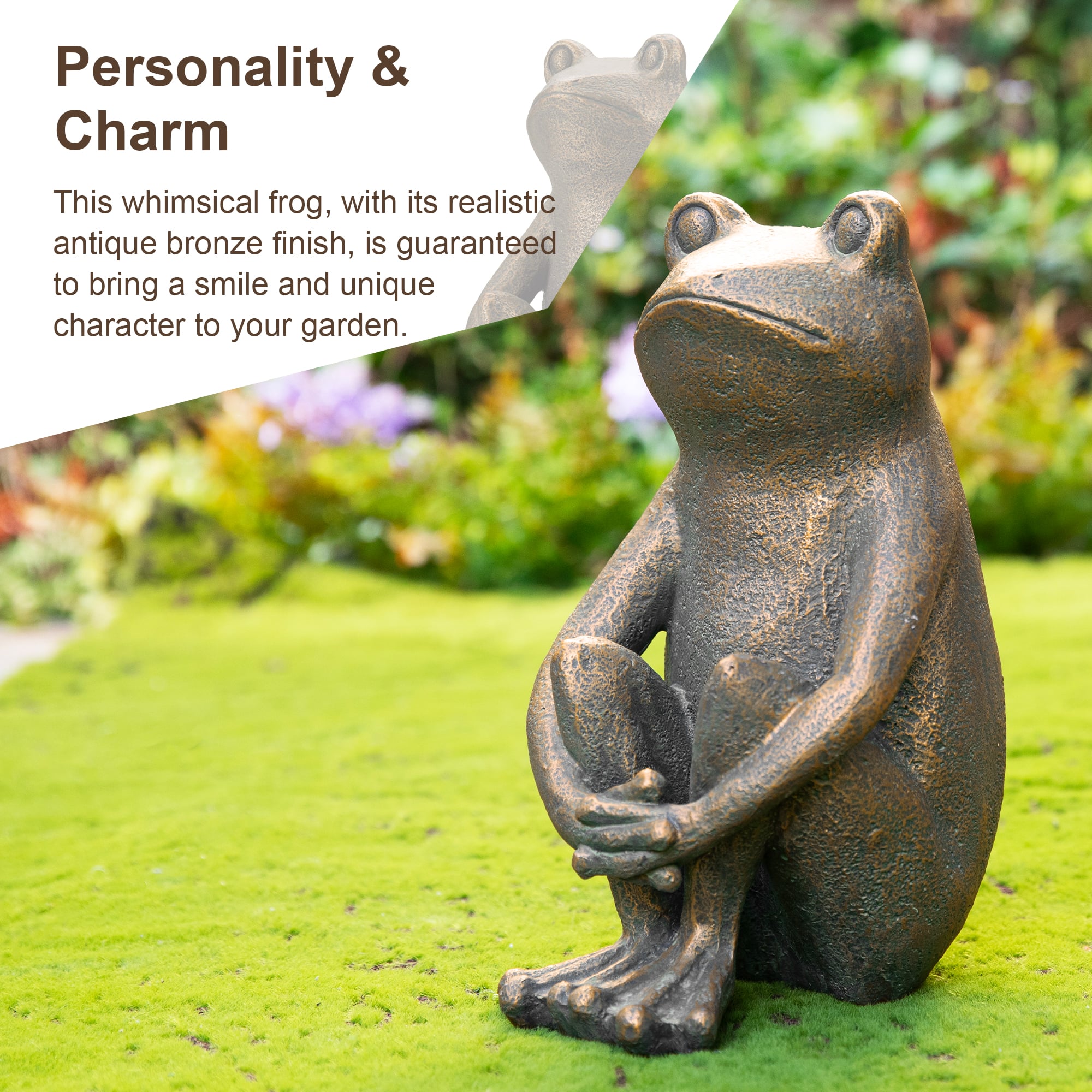 Glitzhome® 12" Resin Bronze Squatting Frog Statue
