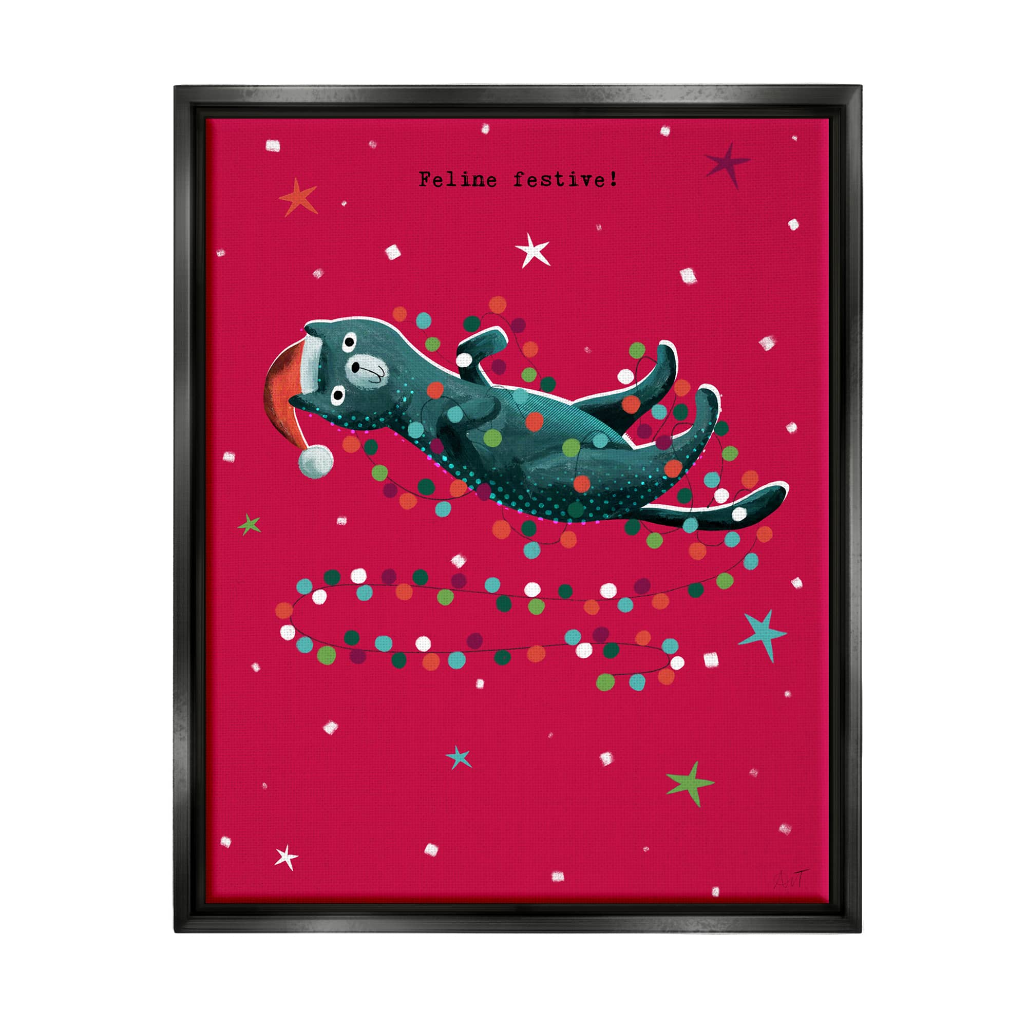 Stupell Industries Feline Festive Christmas Cat Black Framed Floater Canvas Wall Art