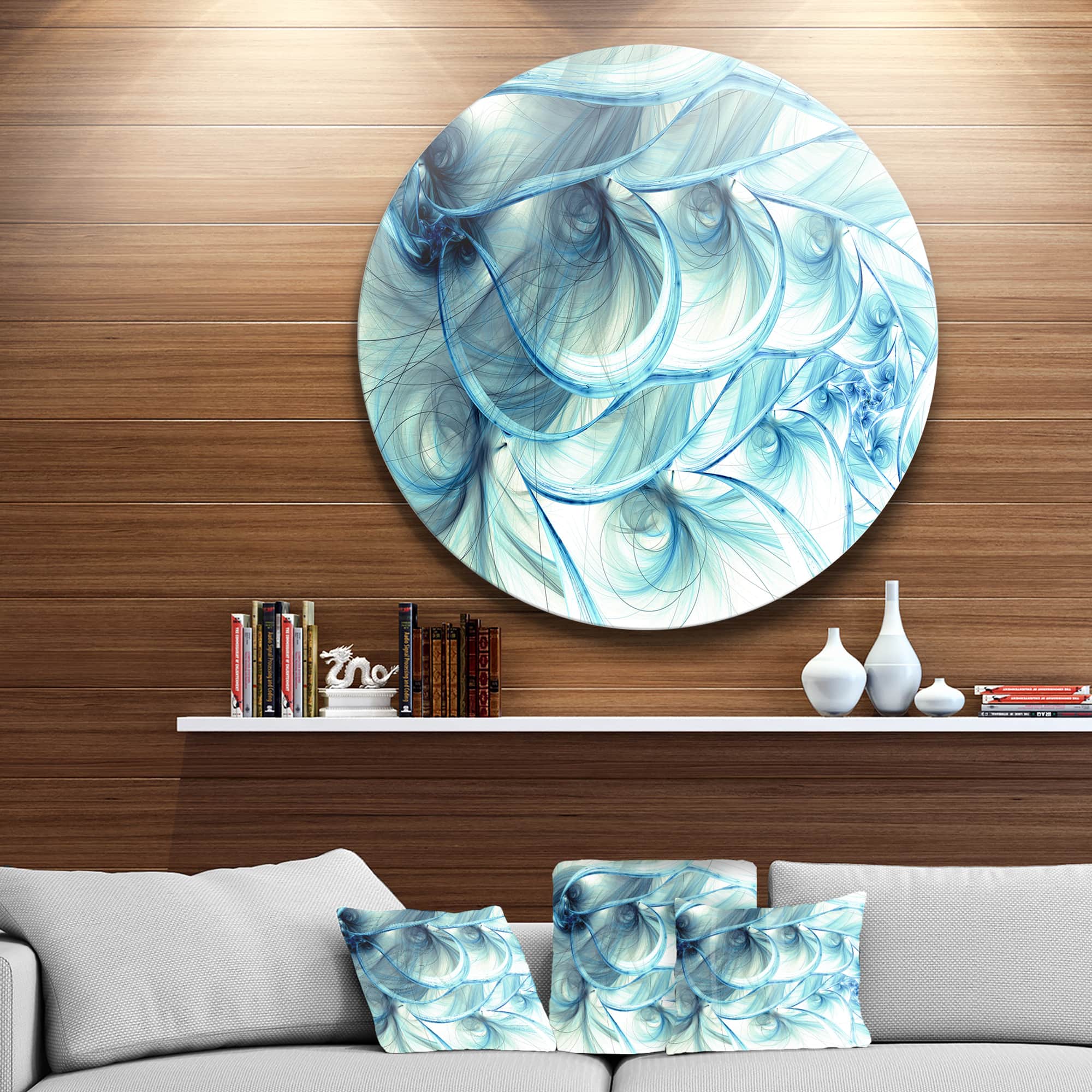 Designart - Light Blue Fractal Flower Soft Pattern' Floral Metal Circle Wall Art