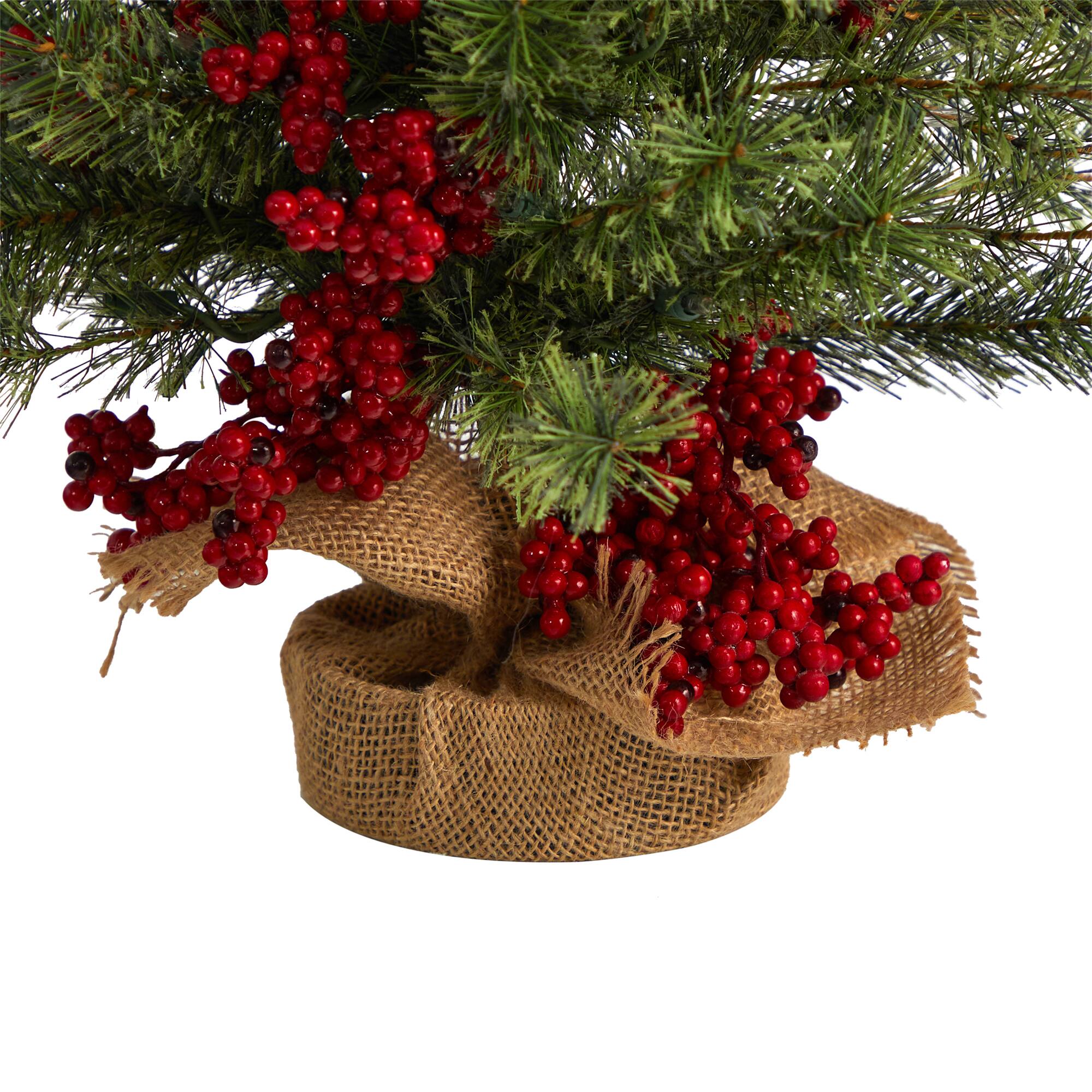 3ft. Pre-Lit Pine Artificial Christmas Tree with Berries and Burlap Base, Warm White Lights