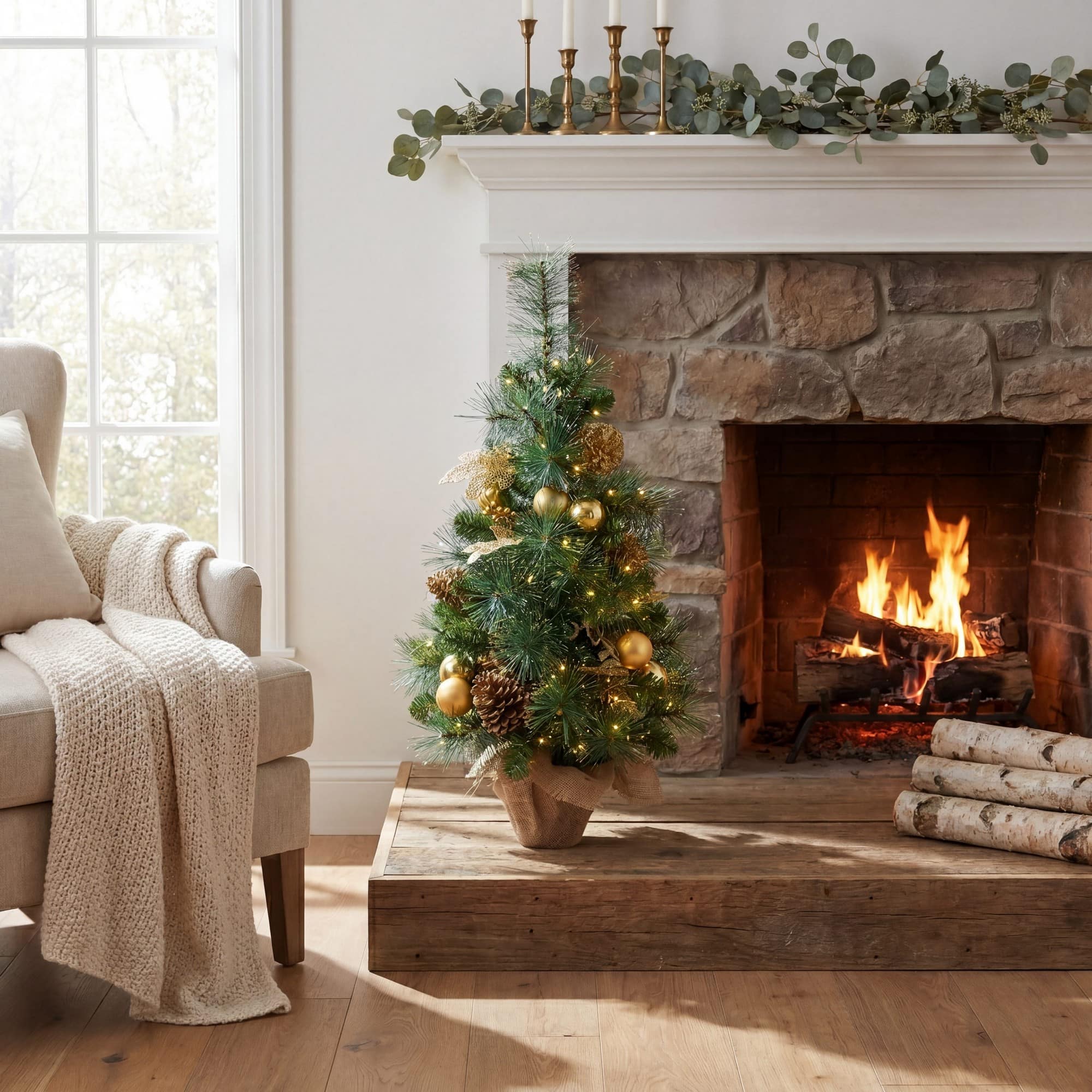 Nearly Natural 3ft. Pre-Lit Artificial Christmas Tree with Gold Ornaments & Pinecones in Jute Wrapped Base, Warm Lights