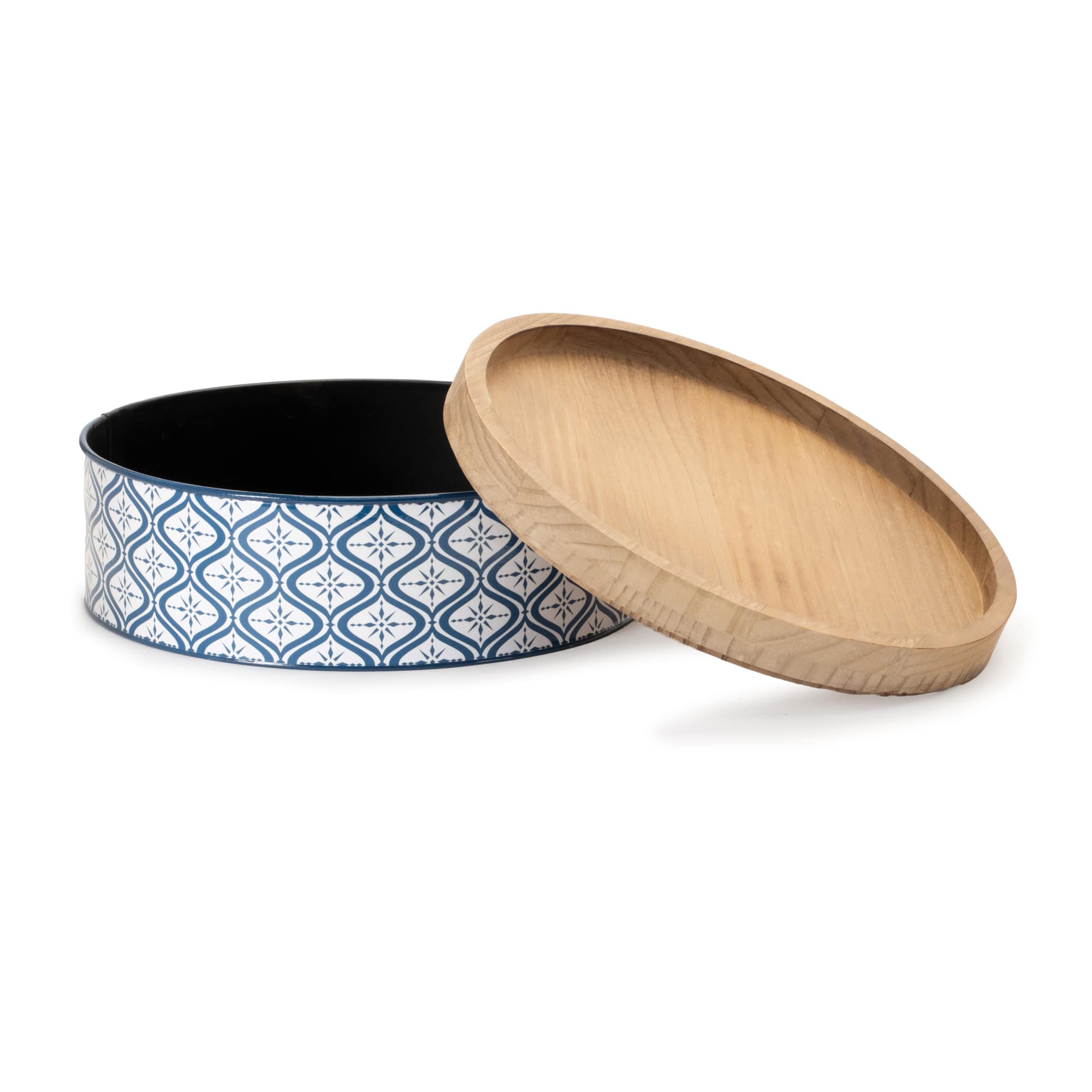 Metal Patterned Canister with Natural Wood Lids Set