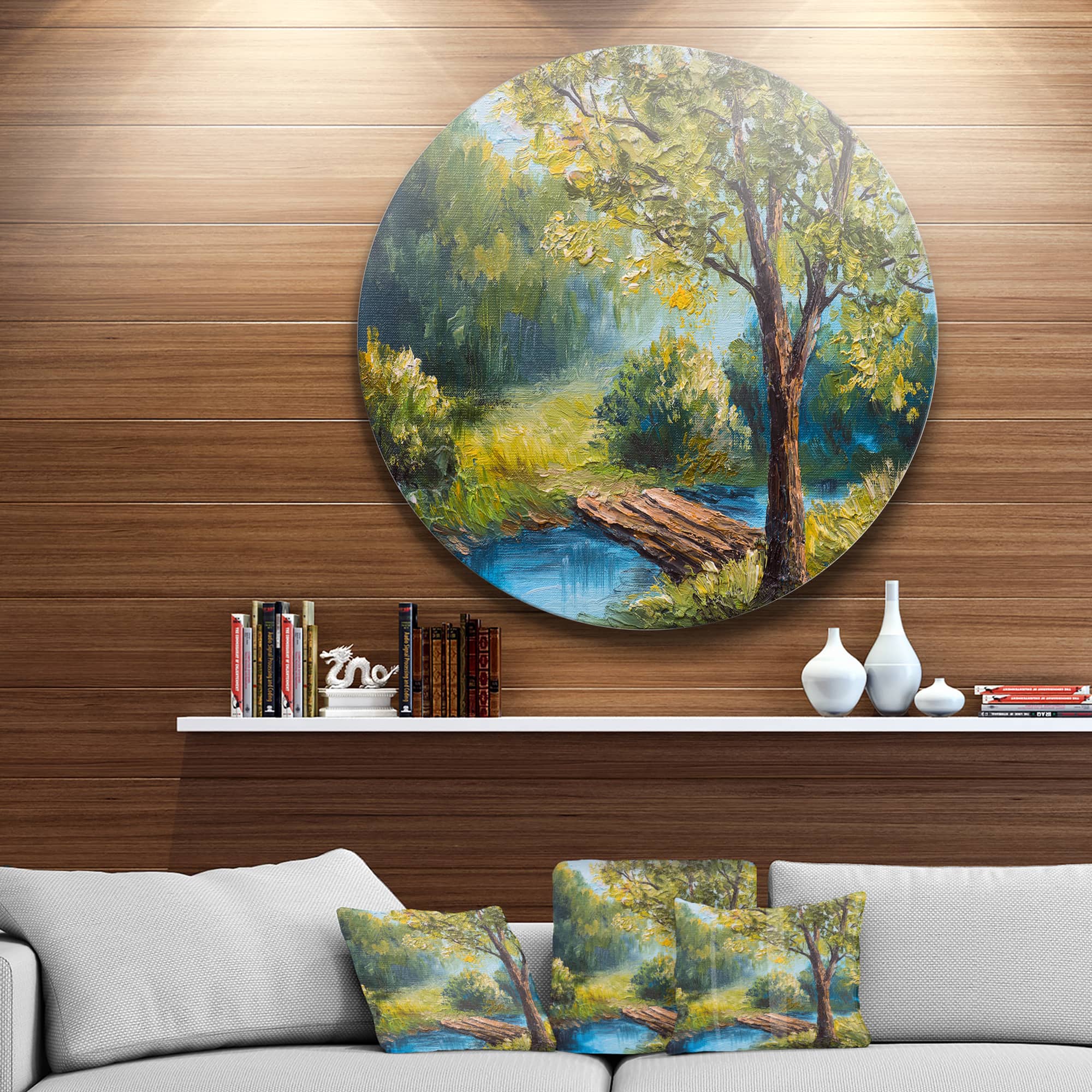 Designart - Summer Forest with Beautiful River' Landscape Circle Metal Wall Art
