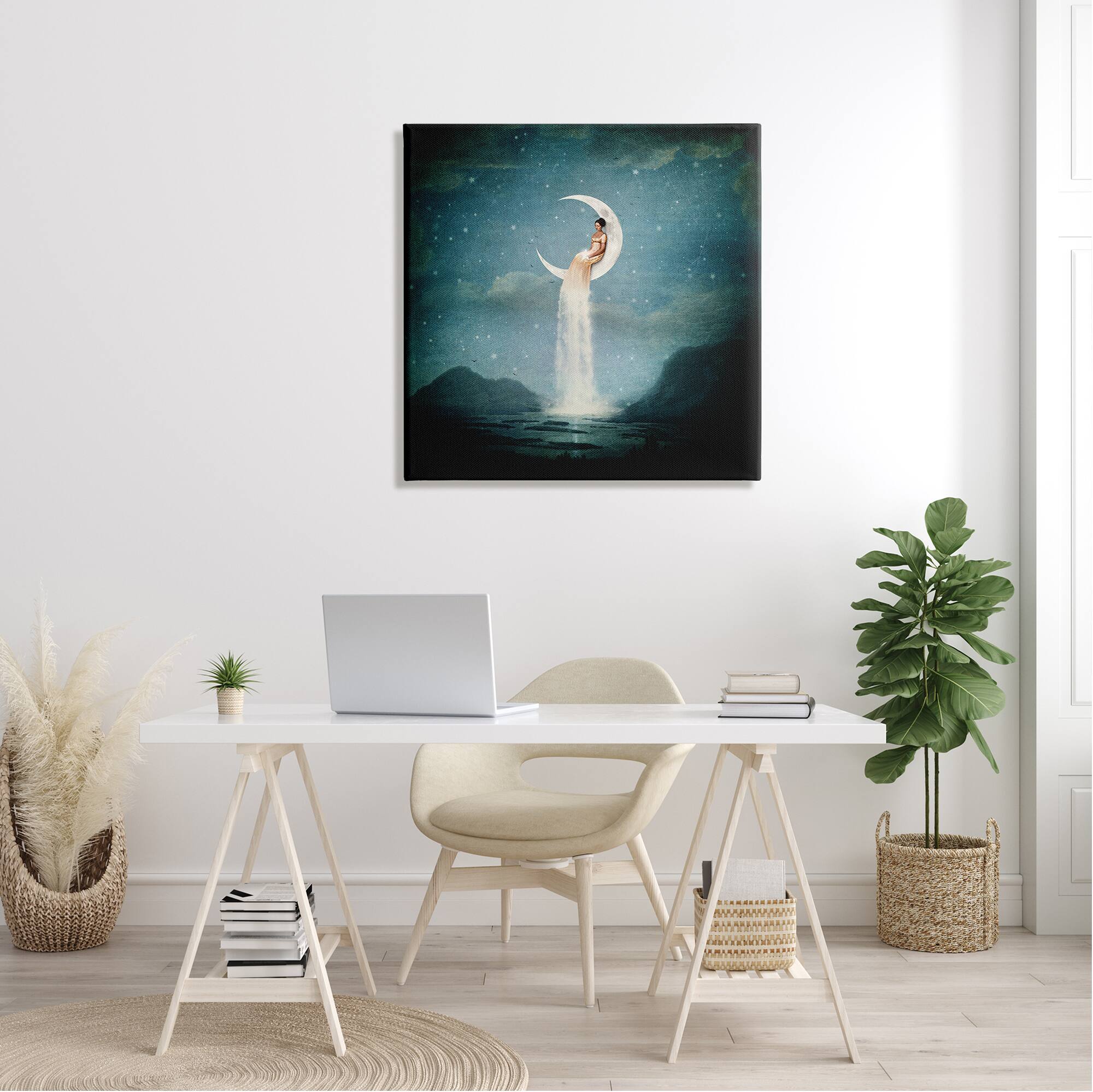 Stupell Industries Mountainous Ocean Landscape Moon Dress Waterfall Canvas Wall Art