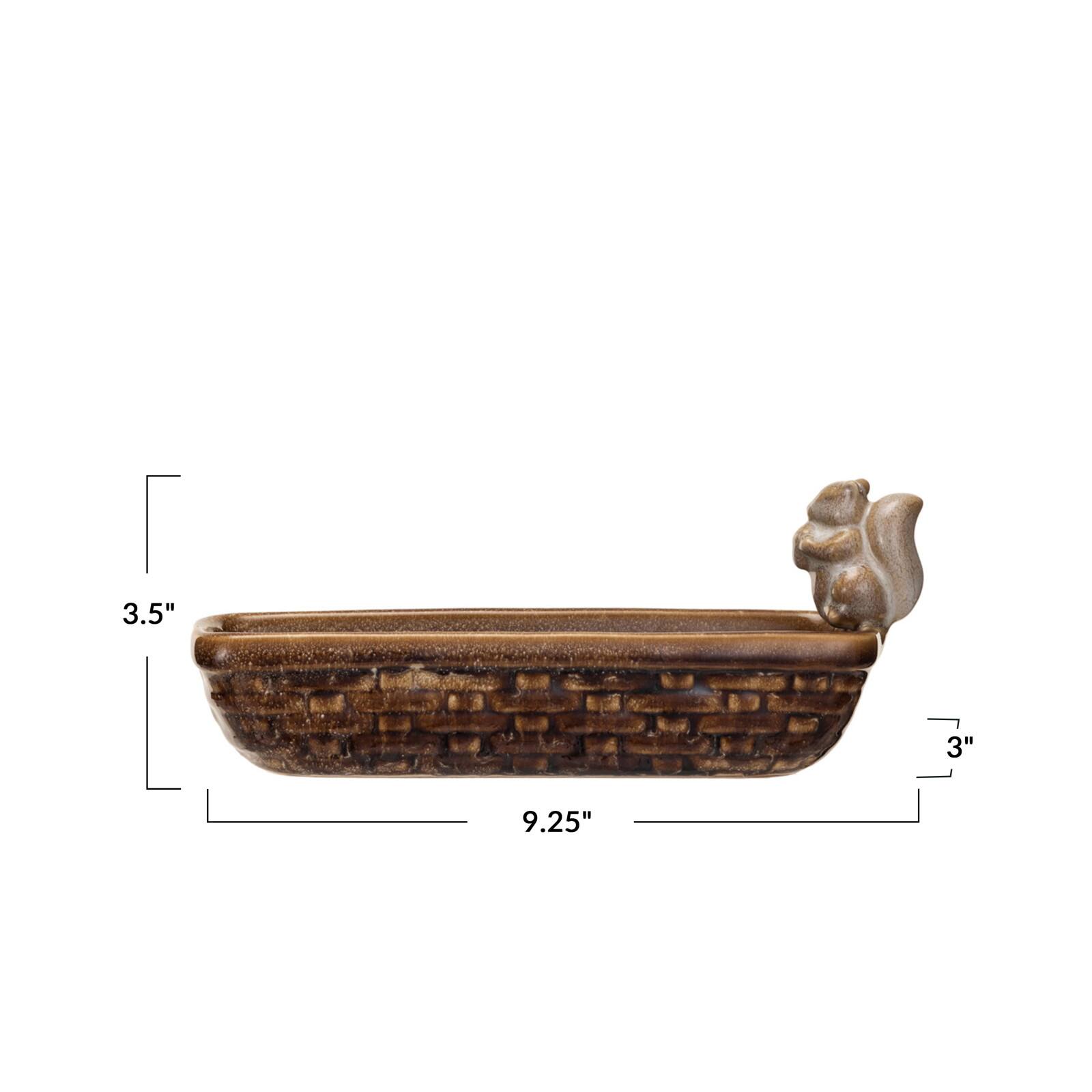 Hello Honey® 9.25" Brown Reactive Glaze Squirrel & Debossed Weave Stoneware Dish