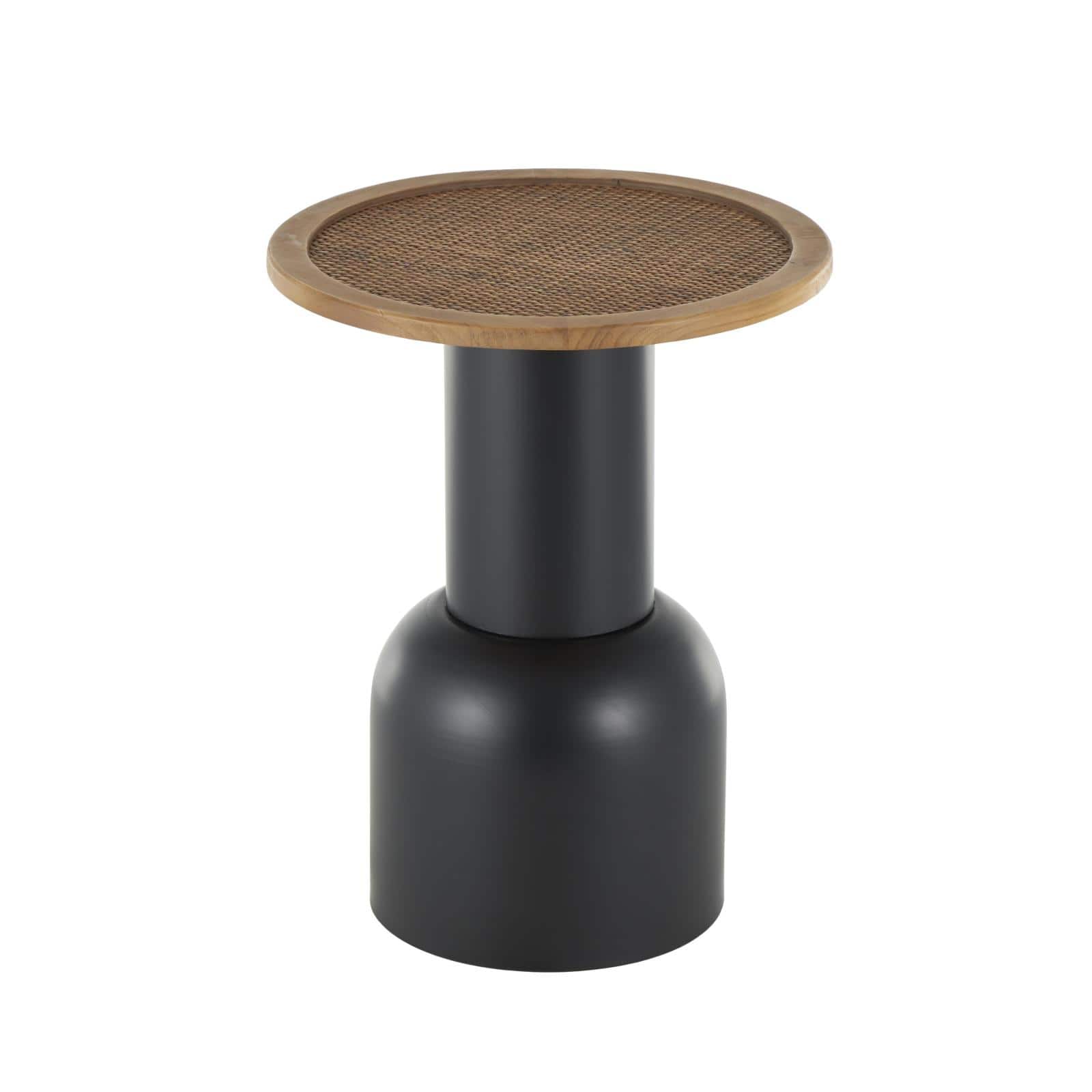 20" Black Metal Handmade Pedestal Accent Table with Brown Rattan Tabletop
