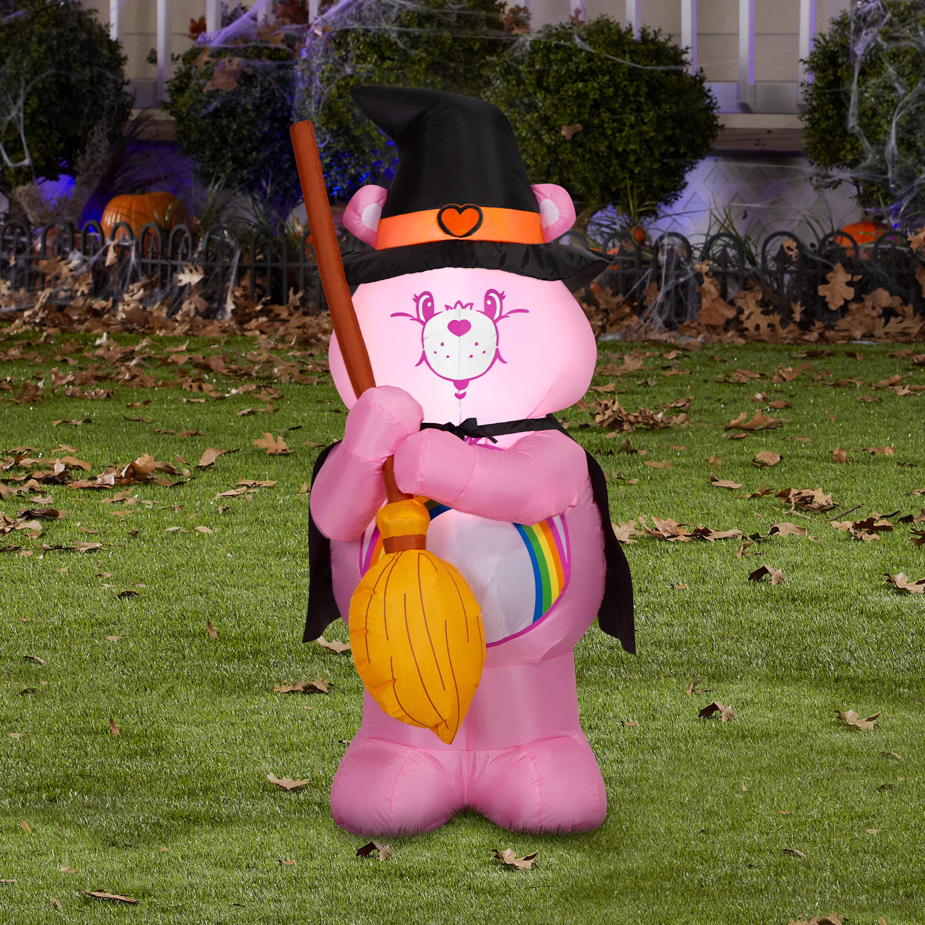 3.5ft. Airblown® Inflatable Lighted Care Bears Cheer Bear Halloween Witch with Broom Yard Décor