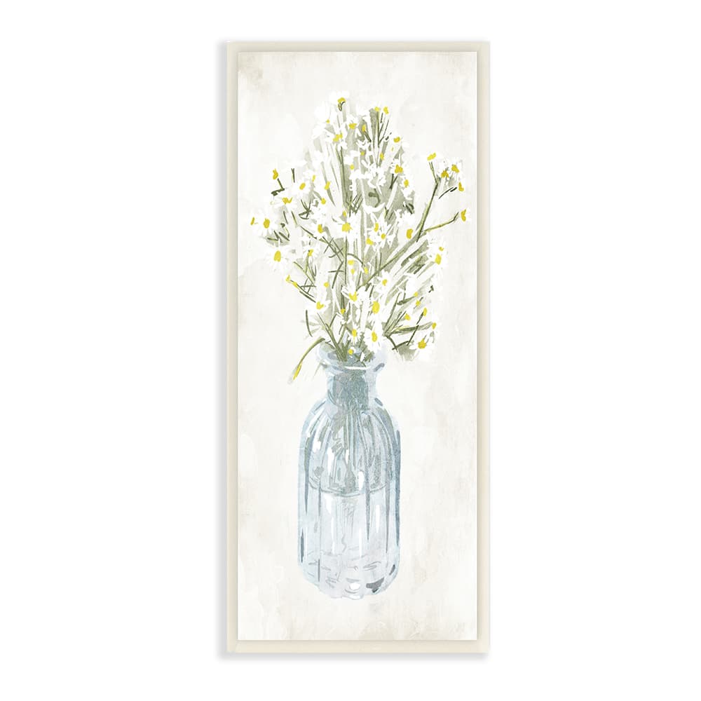 Stupell Industries Quaint White Daisies in Blue Glass Jar Wood Wall Plaque