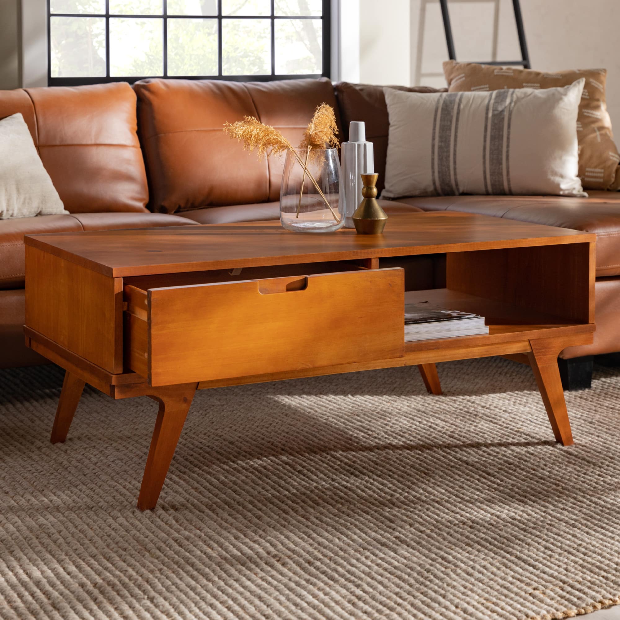 Caramel 1-Drawer Bridge Leg Solid Wood Coffee Table