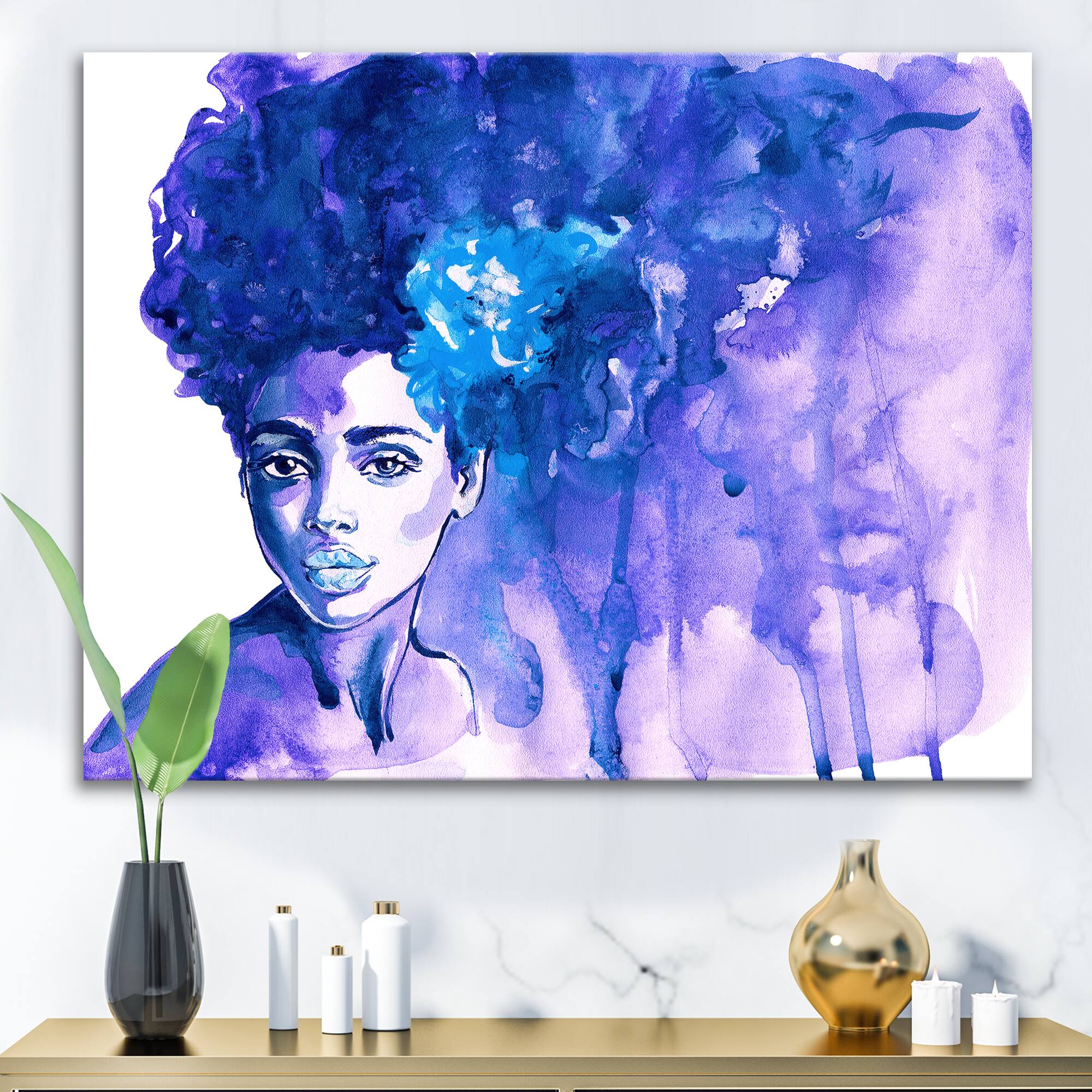 Designart - Glorious Blue Portrait of African American Woman - Modern Canvas Wall Art Print