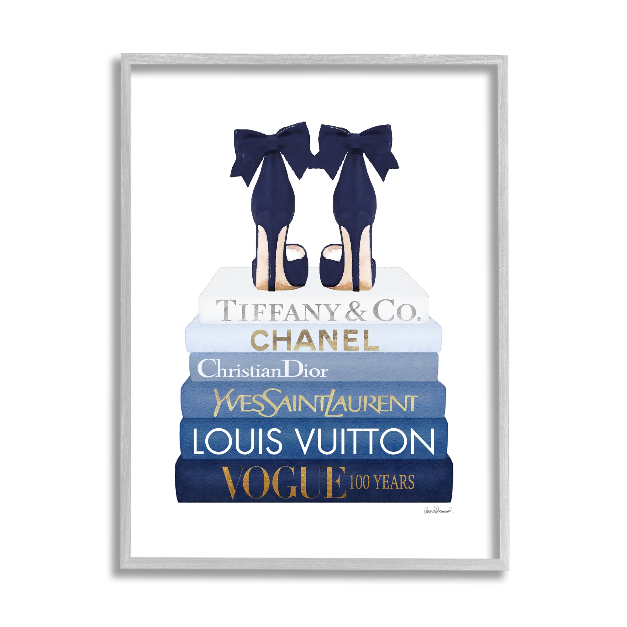 Stupell Industries Navy Blue Bow Heels Chic Glam Bookstack Framed Wall Art