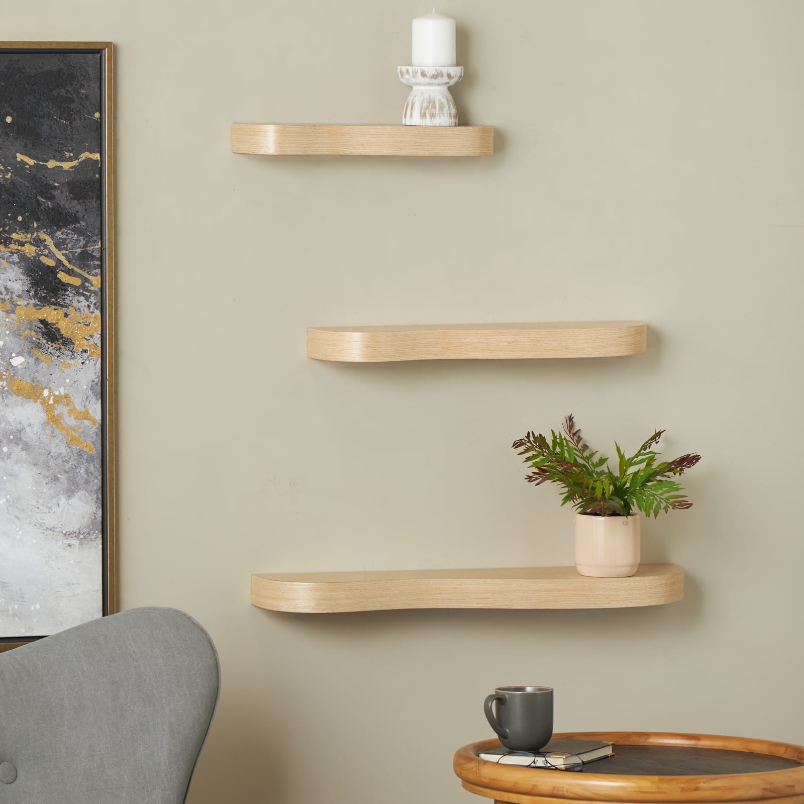 Light Brown Wood Handmade Wall Shelf Set 