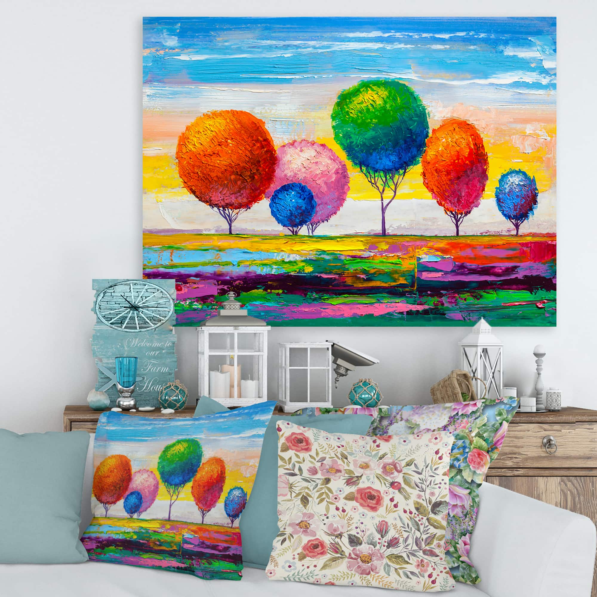 Designart - Colourful Ornamental Trees VI - Modern Canvas Wall Art Print