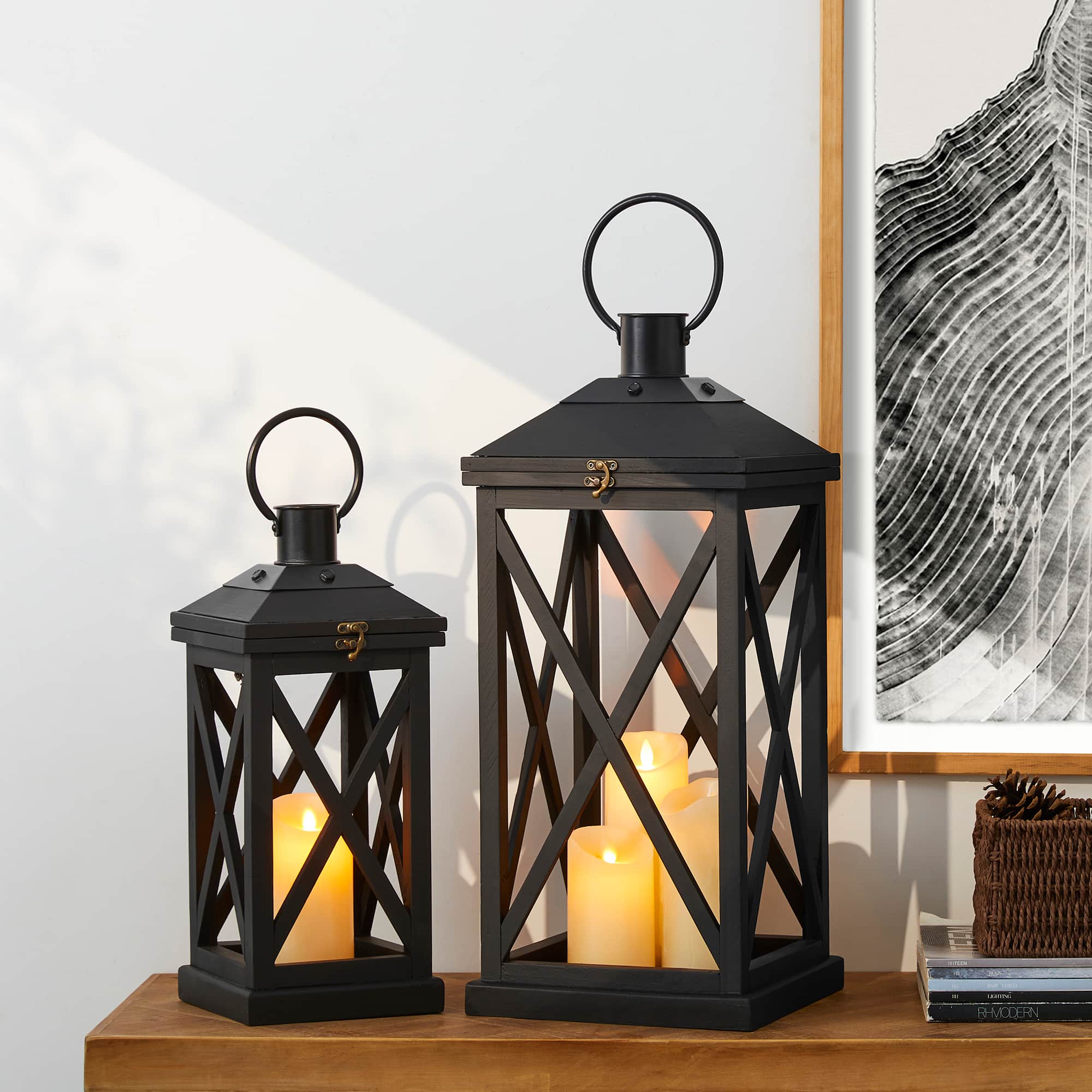 Glitzhome® Black Farmhouse Wood & Metal Lanterns Set
