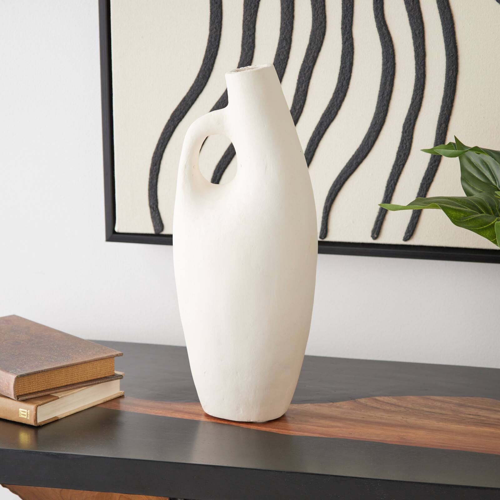 15" Beige Paper Mache Abstract Curved Vase with Handle