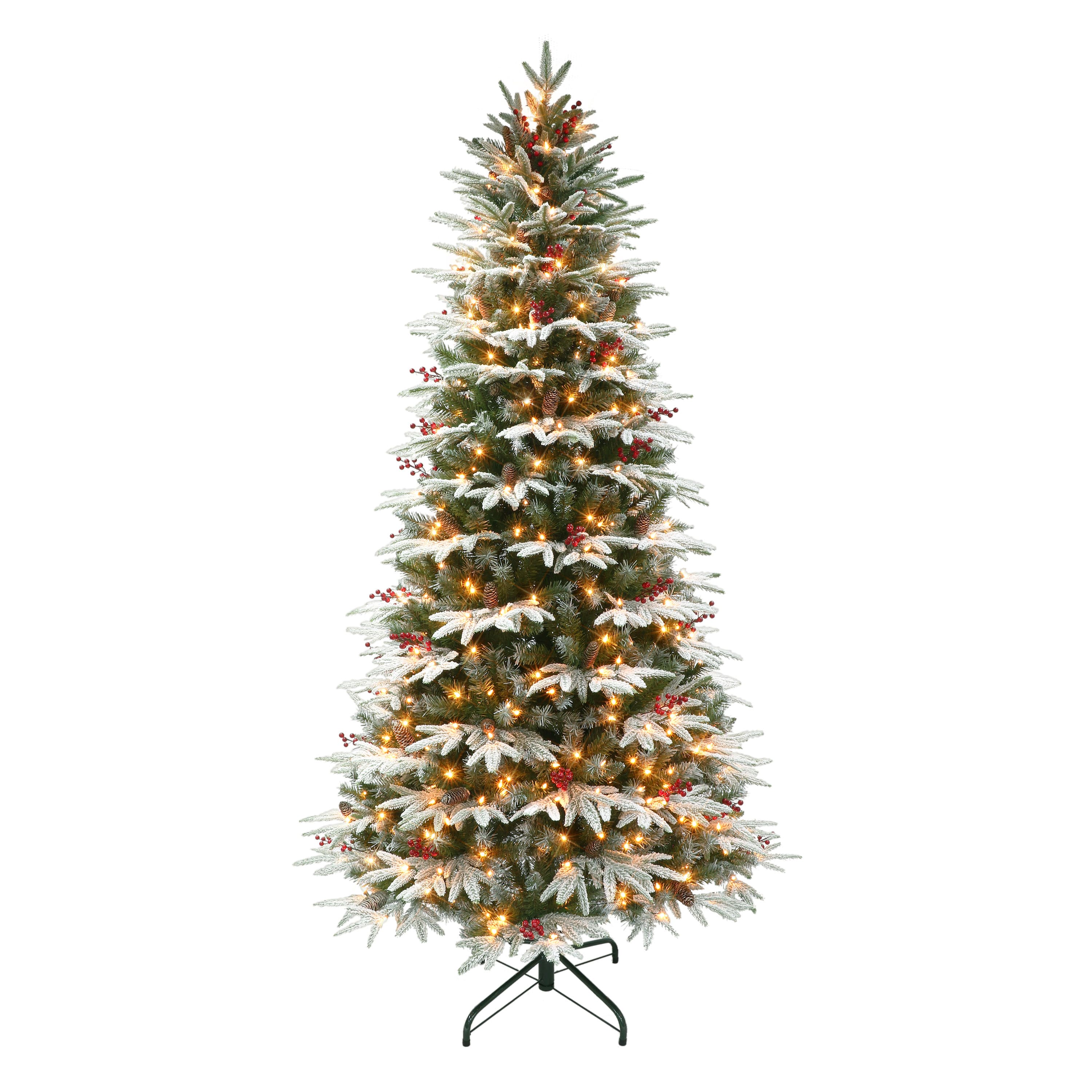 7.5ft. Pre-Lit Flocked Slim Halifax Fir Artificial Christmas Tree with Red Berries & Pinecones, Clear Lights