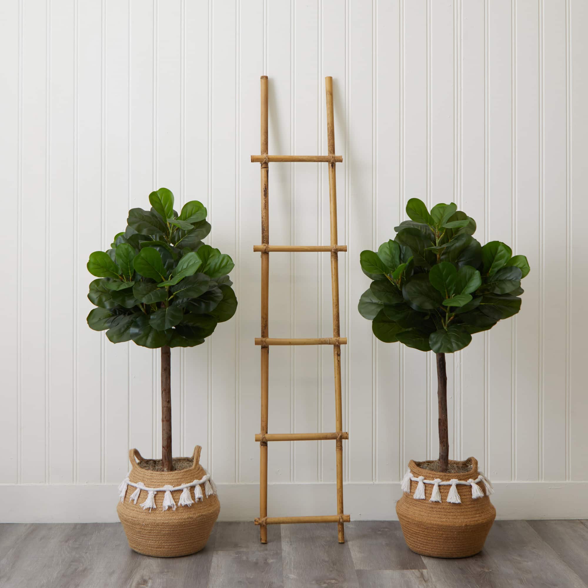 4ft. Artificial Fiddle Leaf Fig Tree with Handmade Jute & Cotton Basket with Tassels