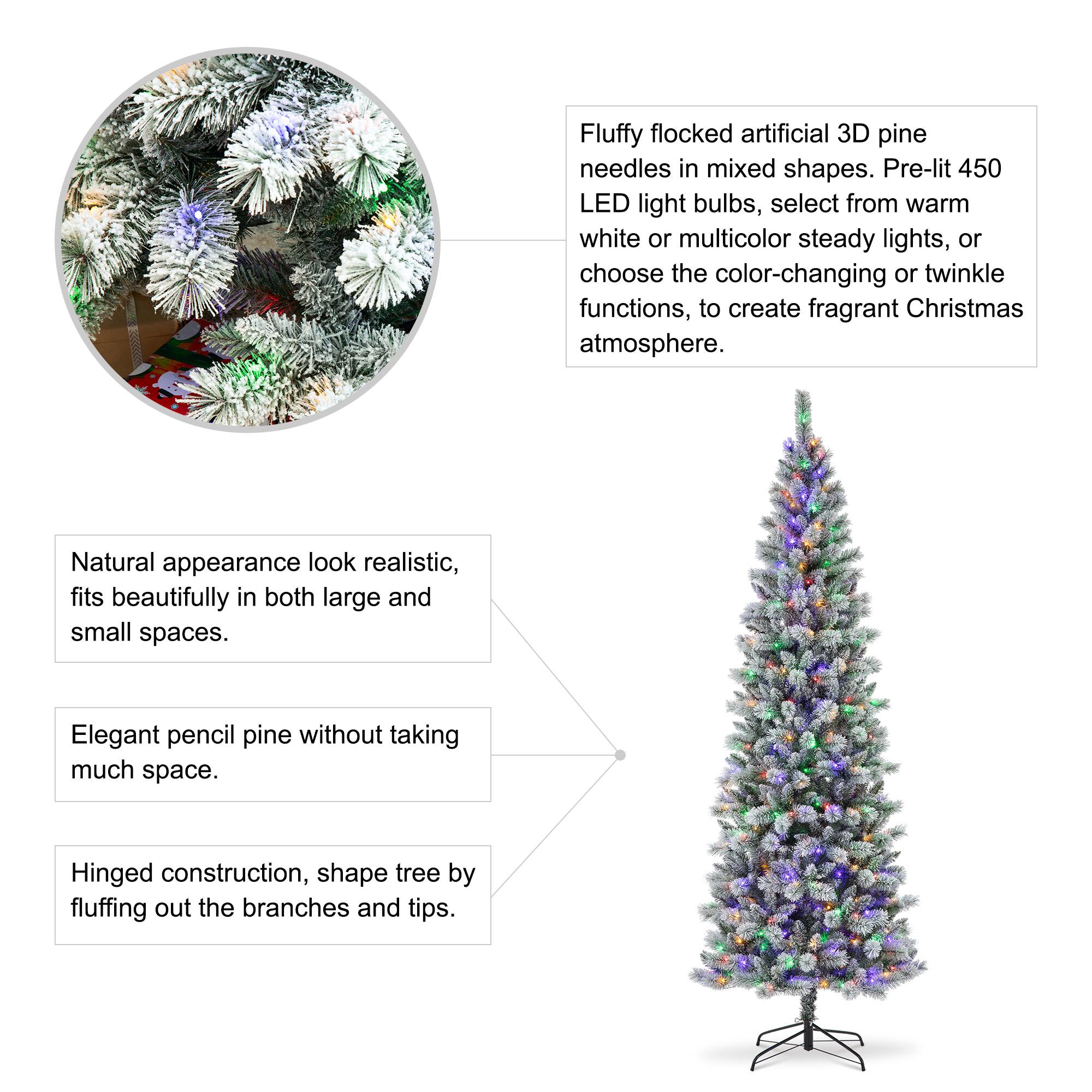 9ft. Pre-Lit Flocked Pine Pencil Artificial Christmas Tree, Multicolor LED Lights