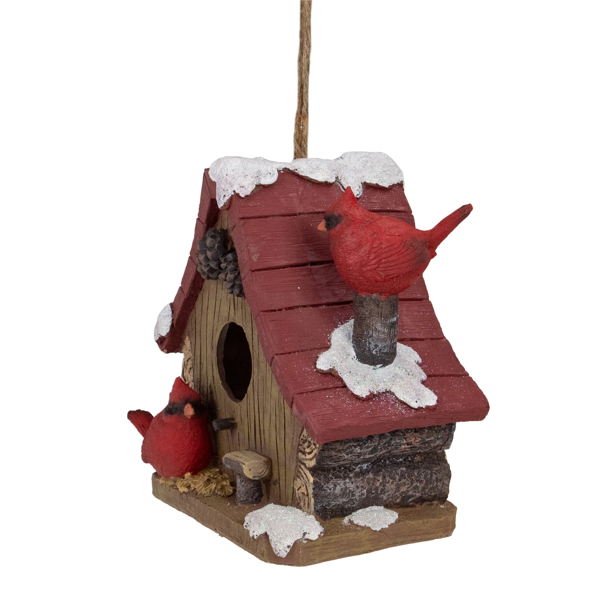 7" Brown & Red Christmas Birdhouse with Cardinals