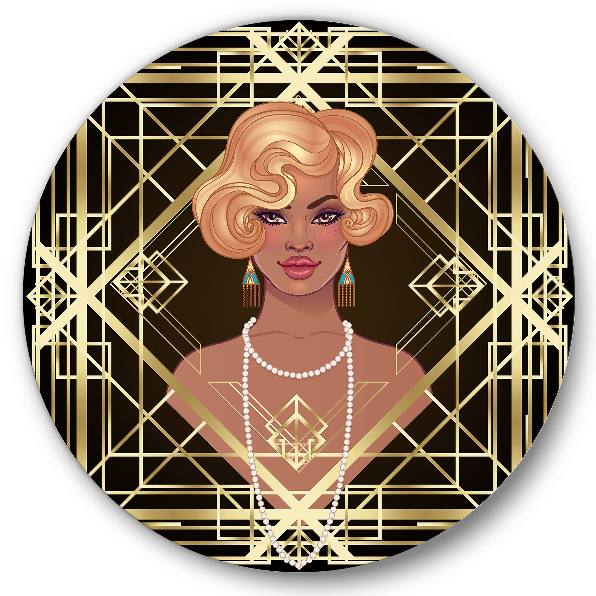 Designart - Retro Women In Golden Art Deco Geometrics III - Modern Metal Circle Wall Art