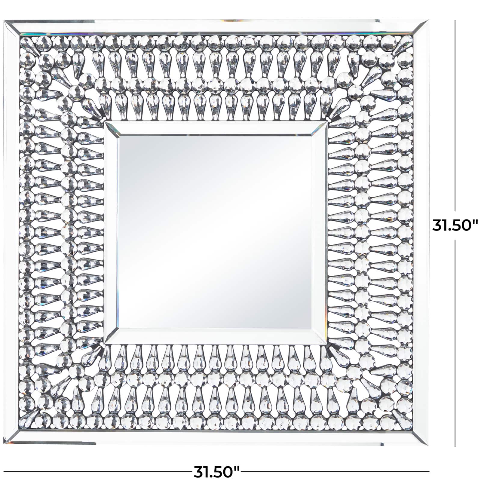 Silver Glass Wall Mirror with Crystal Embellishment 32" x 1" x 32"