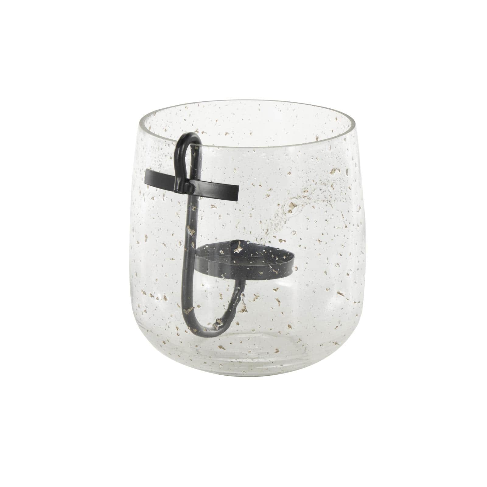 7.75" Clear Glass Candle Holder with Black Metal Accents & Brown Speckles
