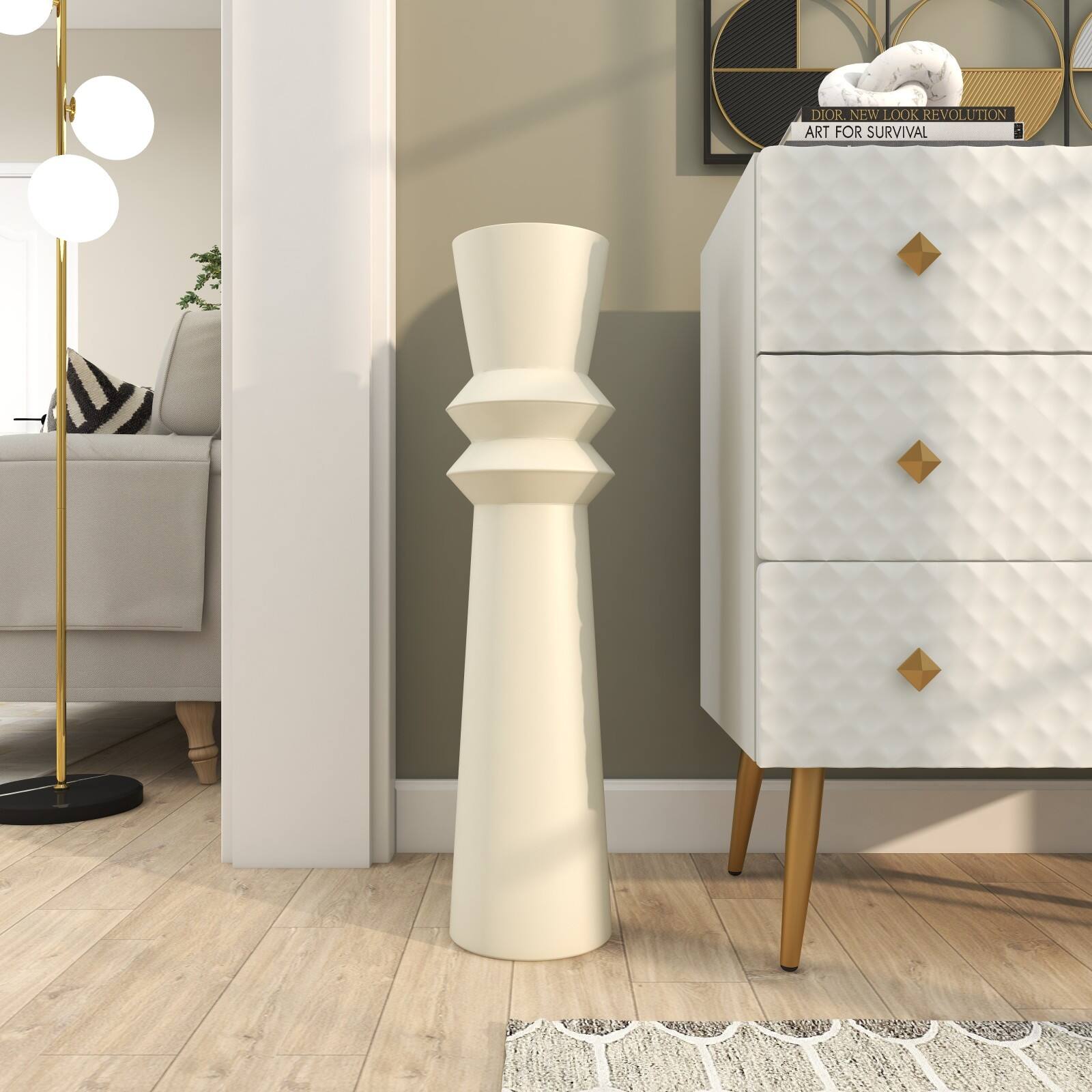 2.5ft. Cream Metal Tall Art Deco Fluted Floor Vase
