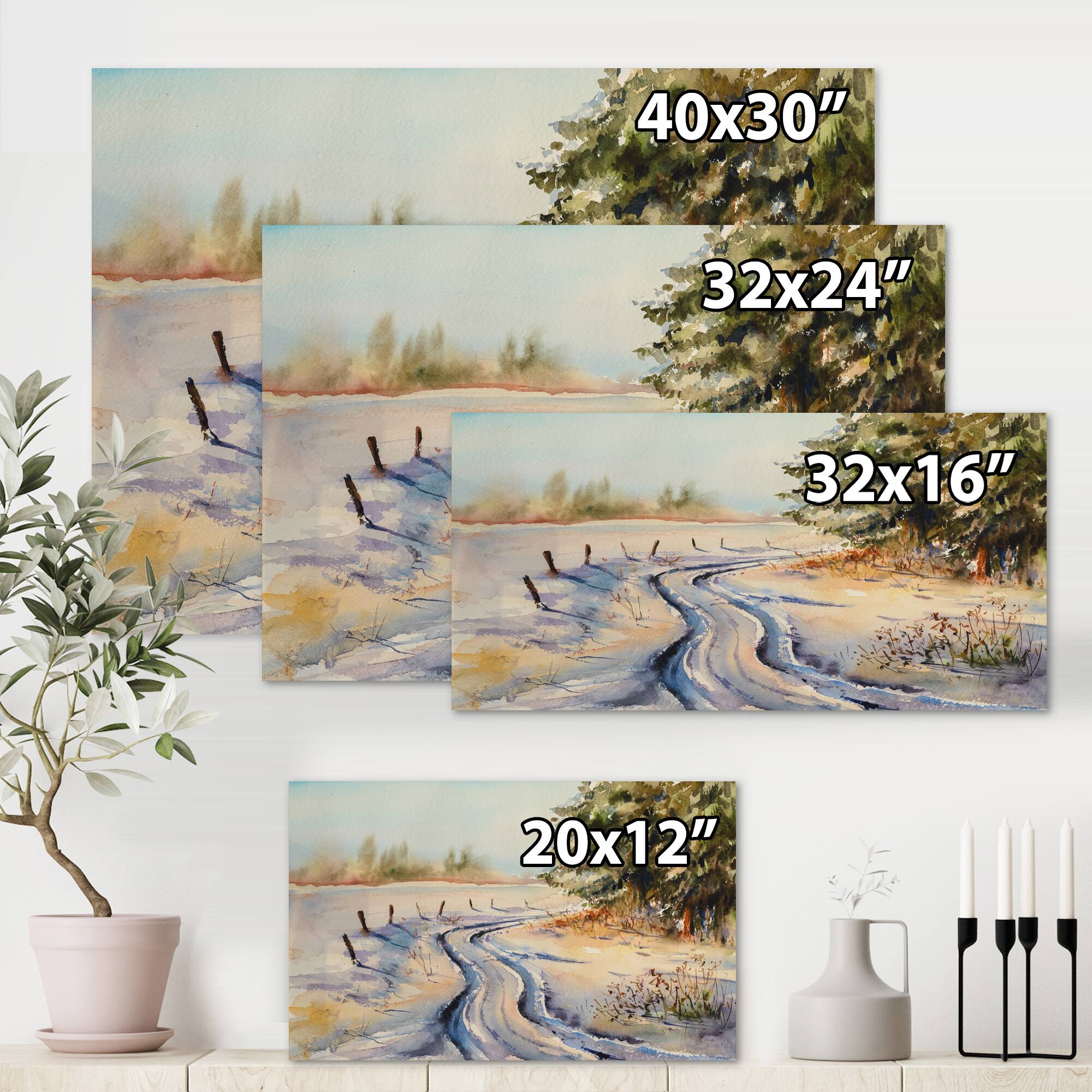 Designart - Snowy Winter Forest Landscape Country Road In Snow