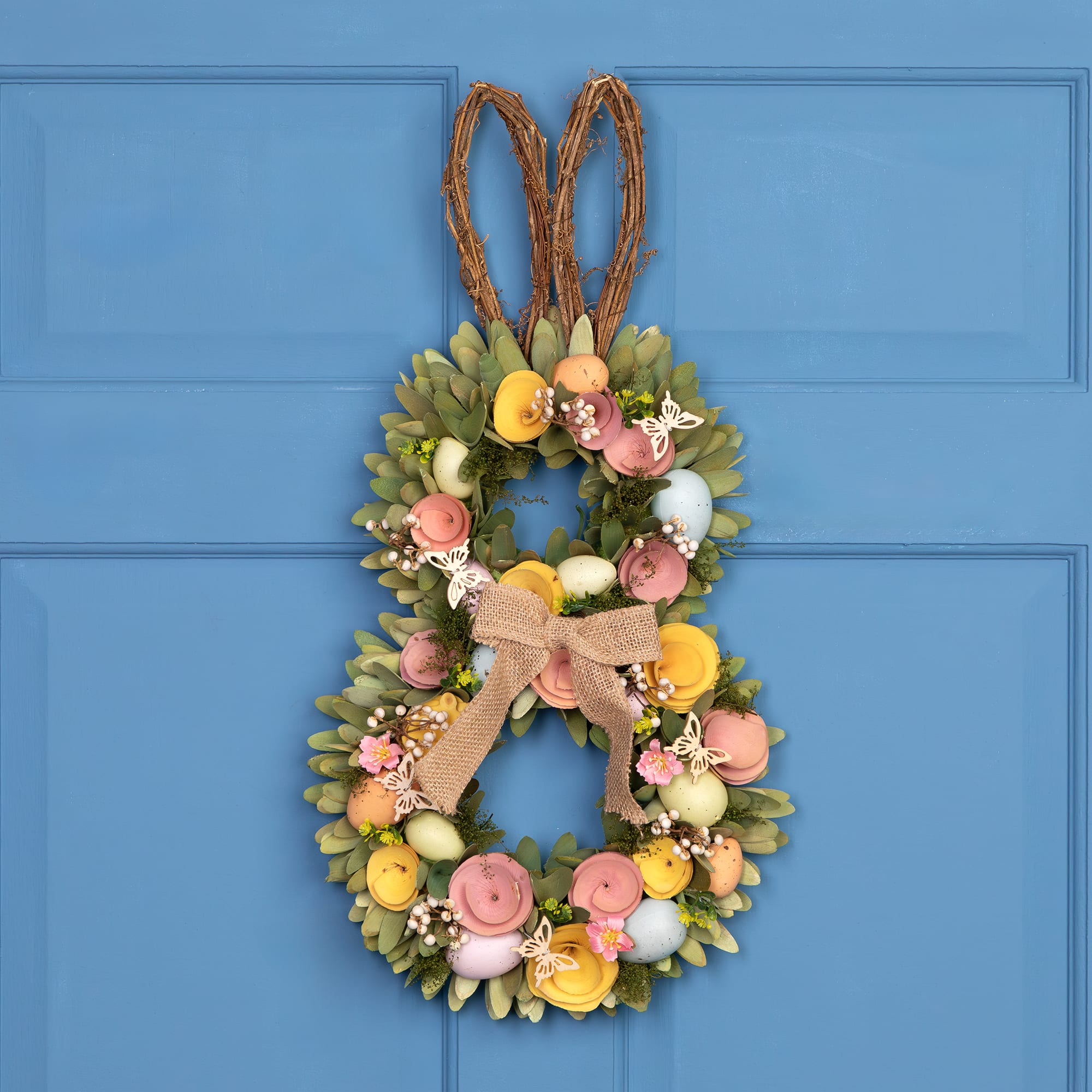 24" Shaved Wood Flowers Bunny Rabbit Silhouette Easter Wreath