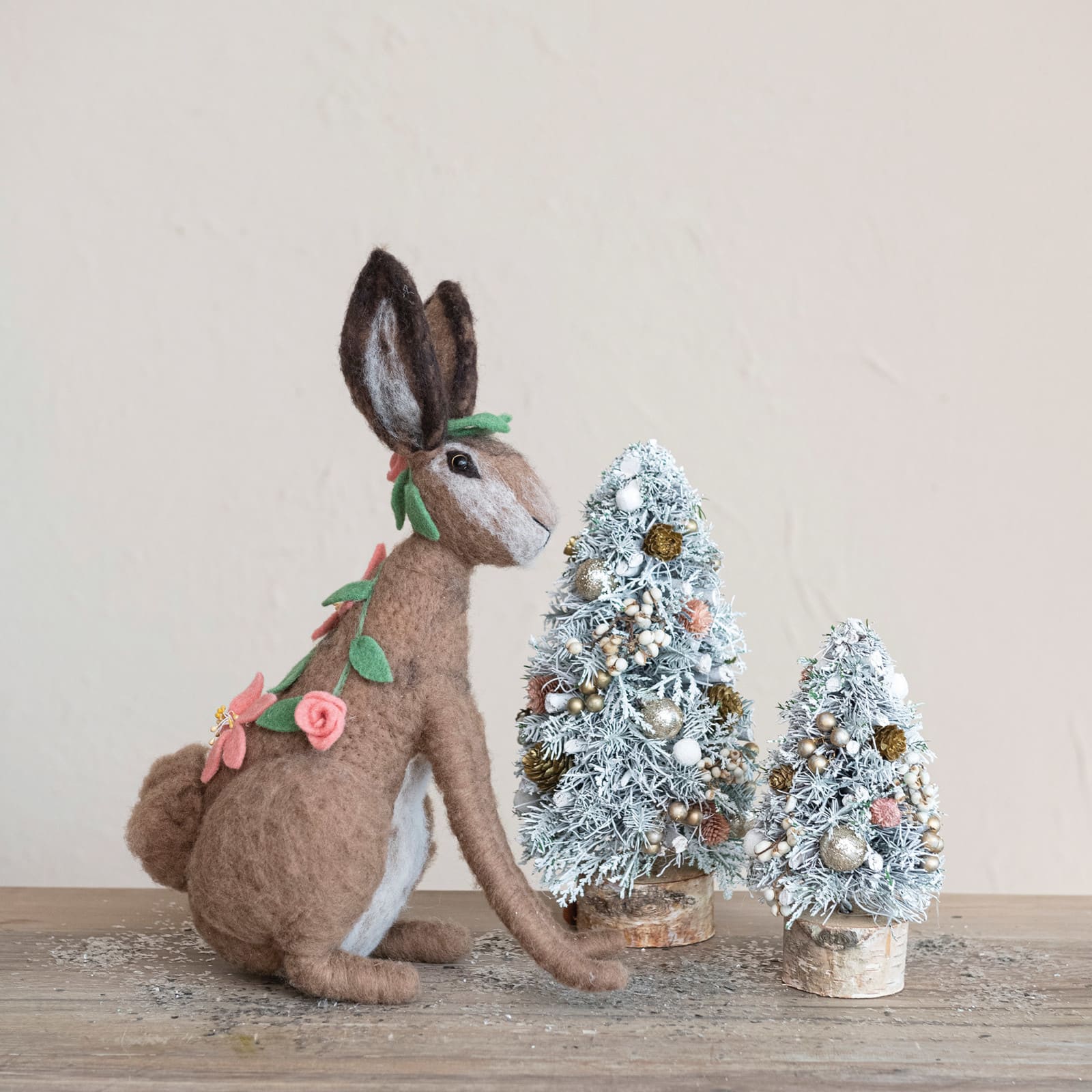 Hello Honey® 9" Frosted Ornaments, Pinecones & Glitter Christmas Tree with Wood Slice Base